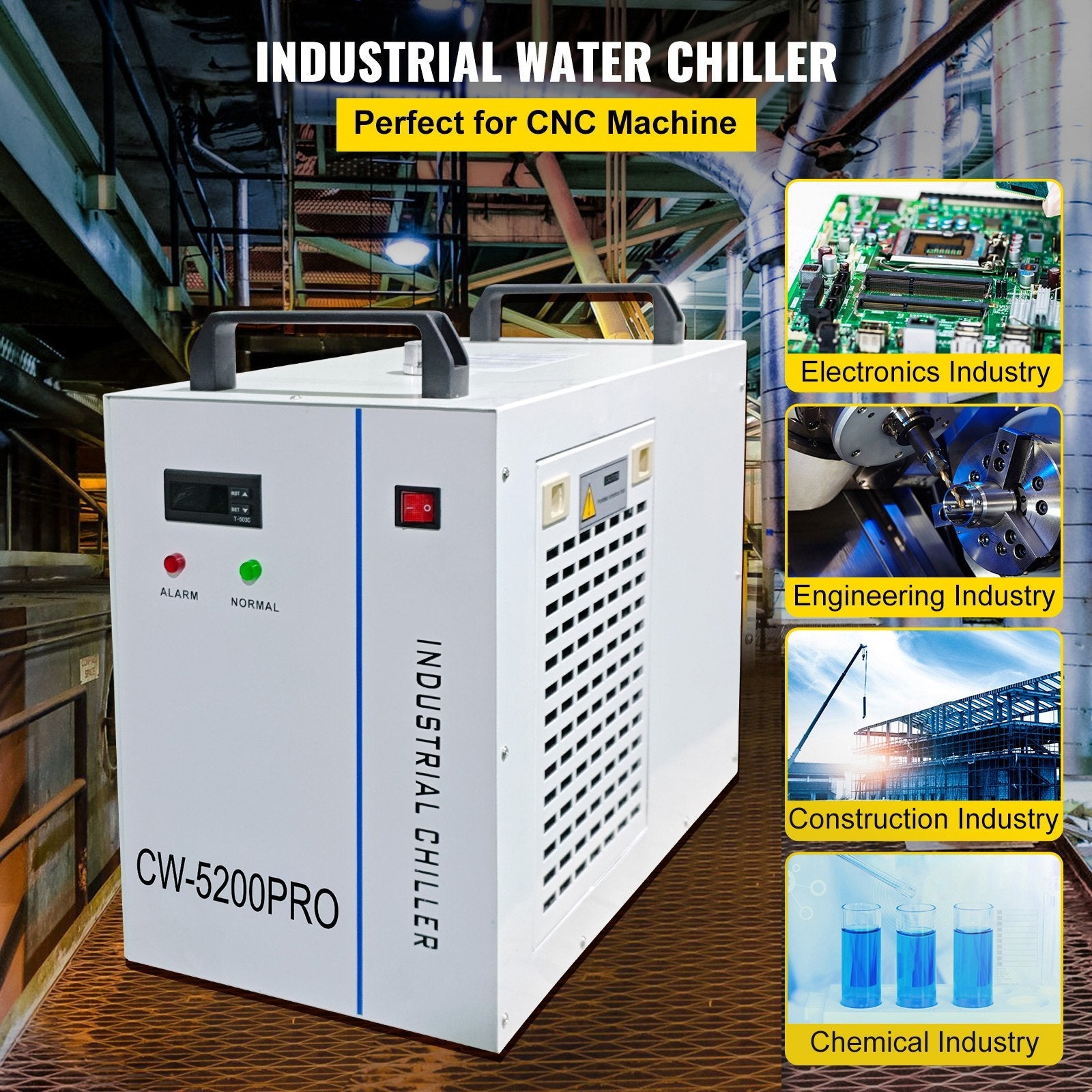 VEVOR Industrial Chiller, CW5200 Industrial Water Chiller, 1400W Cooling Capacity, 6L Capacity Cooling Water, Precise Thermostat Recirculating Chiller for 130/150W Engraving Machine Cooling Machine 