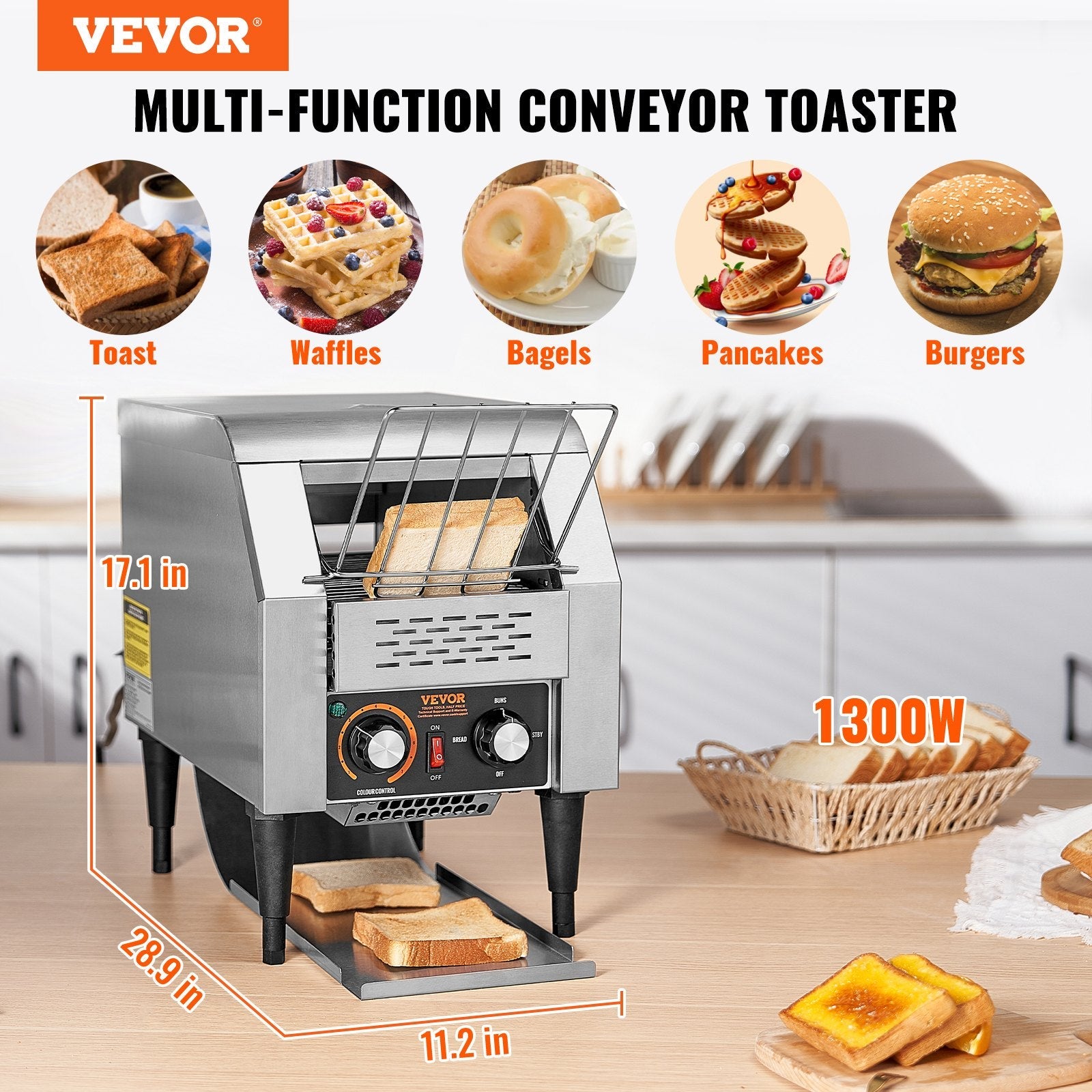 VEVOR Commercial Conveyor Toaster, 150 Slices/Hour Conveyor Belt Toaster, Heavy Duty Stainless Steel Commercial Toaster Oven, Electric  Restaurant Commercial Toaster for Toast Bun, Bagel, Bread 