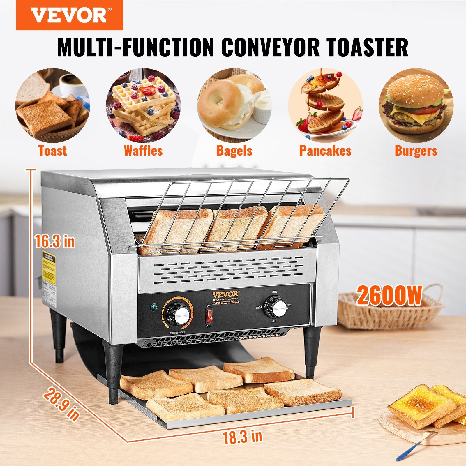 VEVOR Commercial Conveyor Toaster, 450 Slices/Hour Conveyor Belt Toaster, Heavy Duty Stainless Steel Commercial Toaster Oven, Electric  Restaurant Commercial Toaster for Toast Bun, Bagel, Bread 
