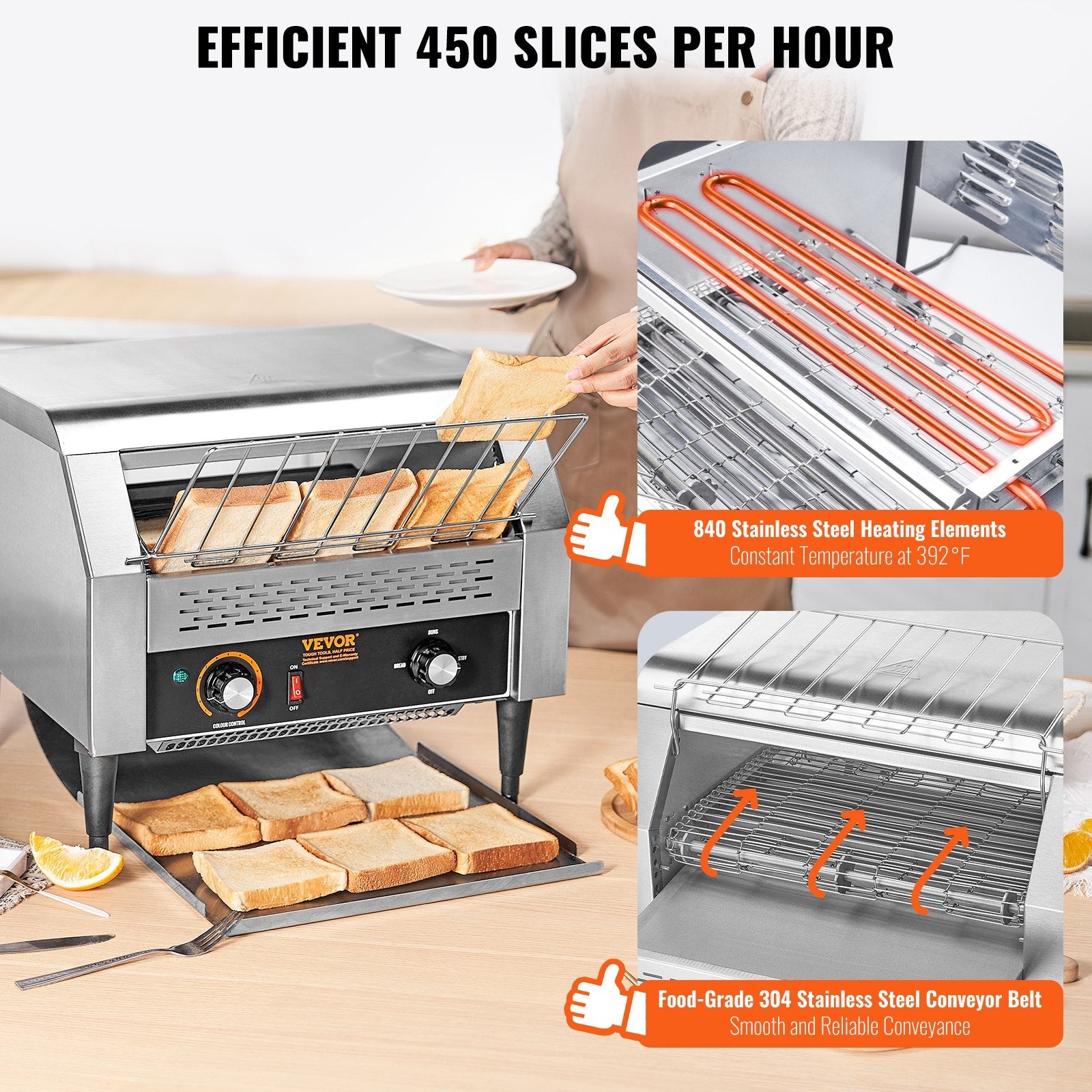 VEVOR Commercial Conveyor Toaster, 450 Slices/Hour Conveyor Belt Toaster, Heavy Duty Stainless Steel Commercial Toaster Oven, Electric  Restaurant Commercial Toaster for Toast Bun, Bagel, Bread 