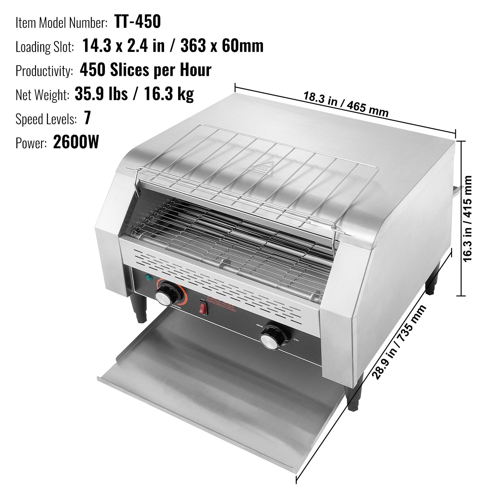 VEVOR Commercial Conveyor Toaster, 450 Slices/Hour Conveyor Belt Toaster, Heavy Duty Stainless Steel Commercial Toaster Oven, Electric  Restaurant Commercial Toaster for Toast Bun, Bagel, Bread 