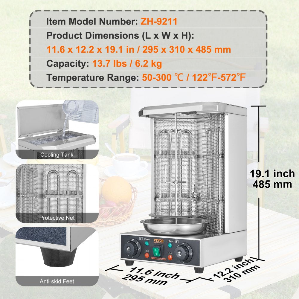 VEVOR Shawarma Grill Machine, 13 lbs Capacity, Chicken Shawarma Cooker Machine with 2 Burners, Electric Vertical Broiler Gyro Rotisserie Oven Doner Kebab Machine, for Home Restaurant Kitchen Parties 