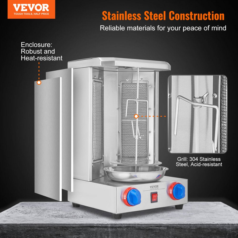 VEVOR Shawarma Grill Machine, 13 lbs Capacity, Chicken Shawarma Cooker Machine with 2 Burners, Gas Vertical Broiler Gyro Rotisserie Oven Doner Kebab Machine, for Home Restaurant Kitchen Parties 