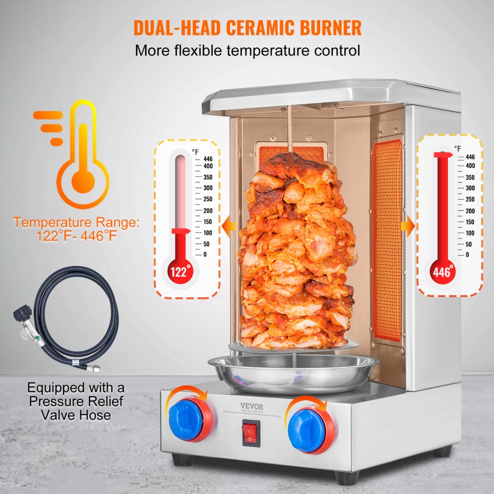 VEVOR Shawarma Grill Machine, 13 lbs Capacity, Chicken Shawarma Cooker Machine with 2 Burners, Gas Vertical Broiler Gyro Rotisserie Oven Doner Kebab Machine, for Home Restaurant Kitchen Parties 