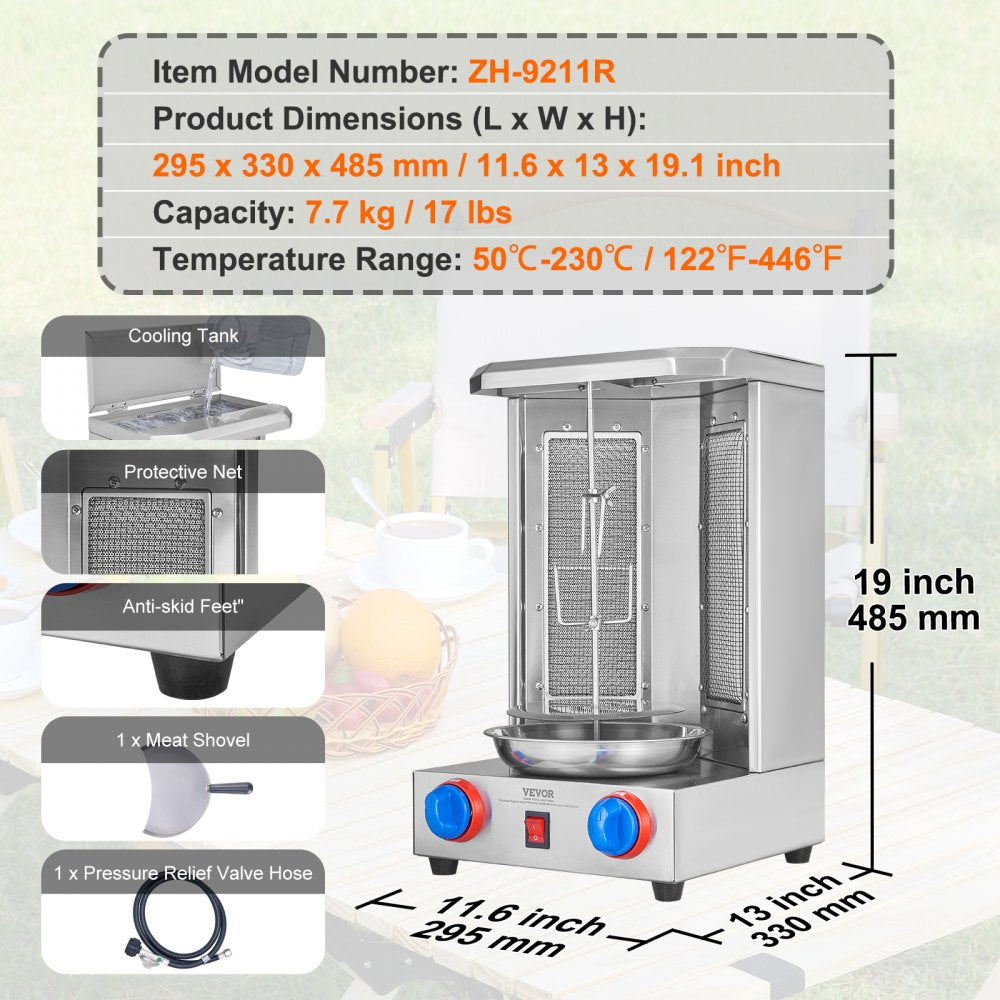 VEVOR Shawarma Grill Machine, 13 lbs Capacity, Chicken Shawarma Cooker Machine with 2 Burners, Gas Vertical Broiler Gyro Rotisserie Oven Doner Kebab Machine, for Home Restaurant Kitchen Parties 