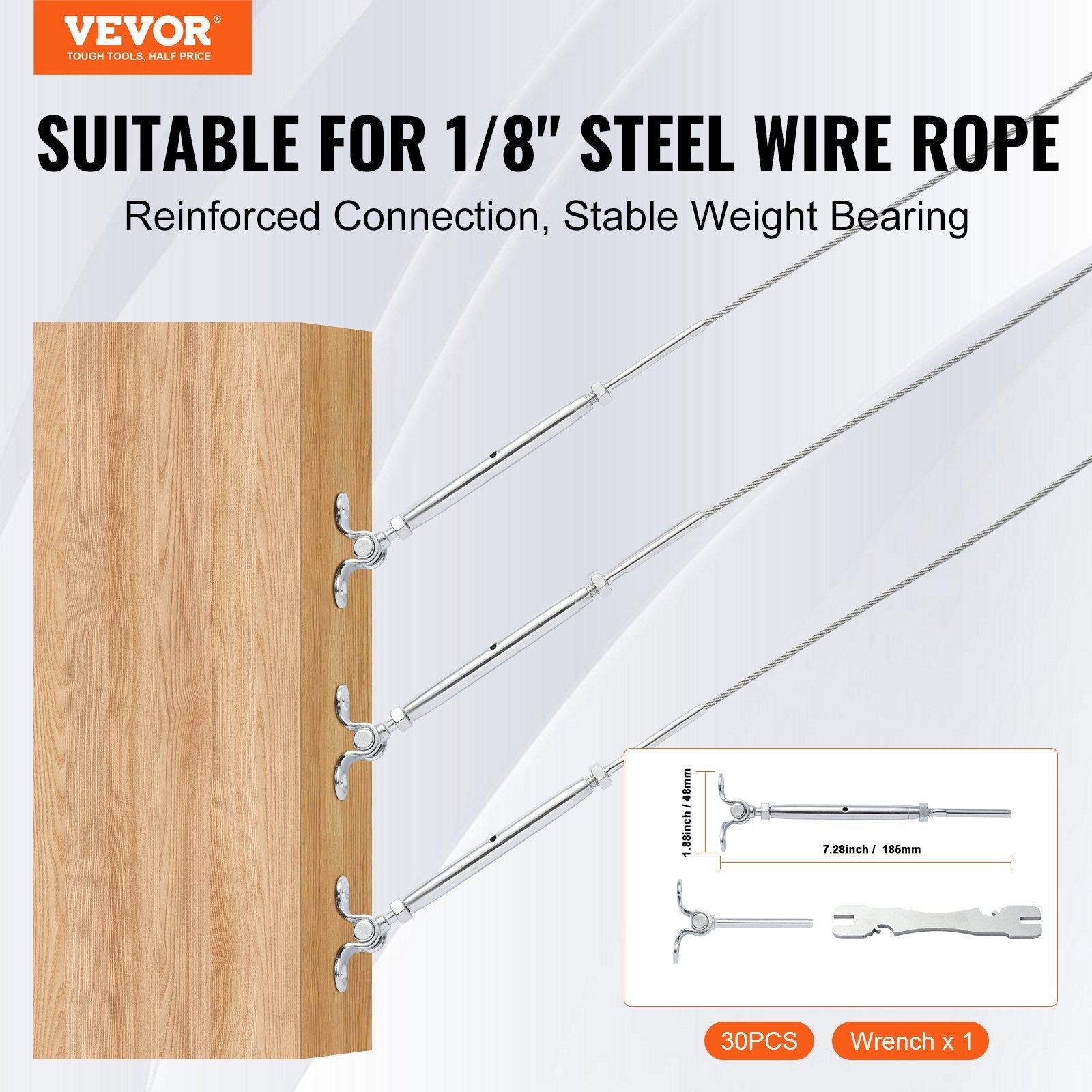 VEVOR T316 Stainless Steel Adjustable Angle 1/8" Cable Railing Kit/Hardware for Wood Post?Marine Grade for 1/8"Wire Rope,0-180-Degree Angle & Easy Installation, Silver (30 Pack) 
