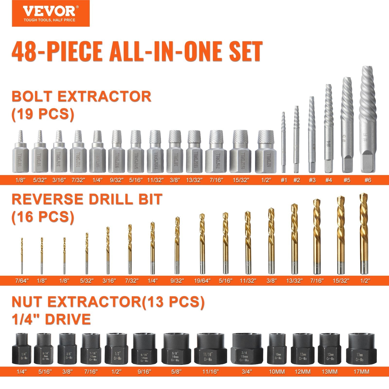 VEVOR 48-Piece Bolt Extractor Screw Extractor Set, with 13 PCS Bolt Extractor Set, 19 PCS Screw Extractors, 16 PCS Reverse HSS Drill Bits, Storage Case, for Removing Damaged Bolts, Screws, and Nuts 