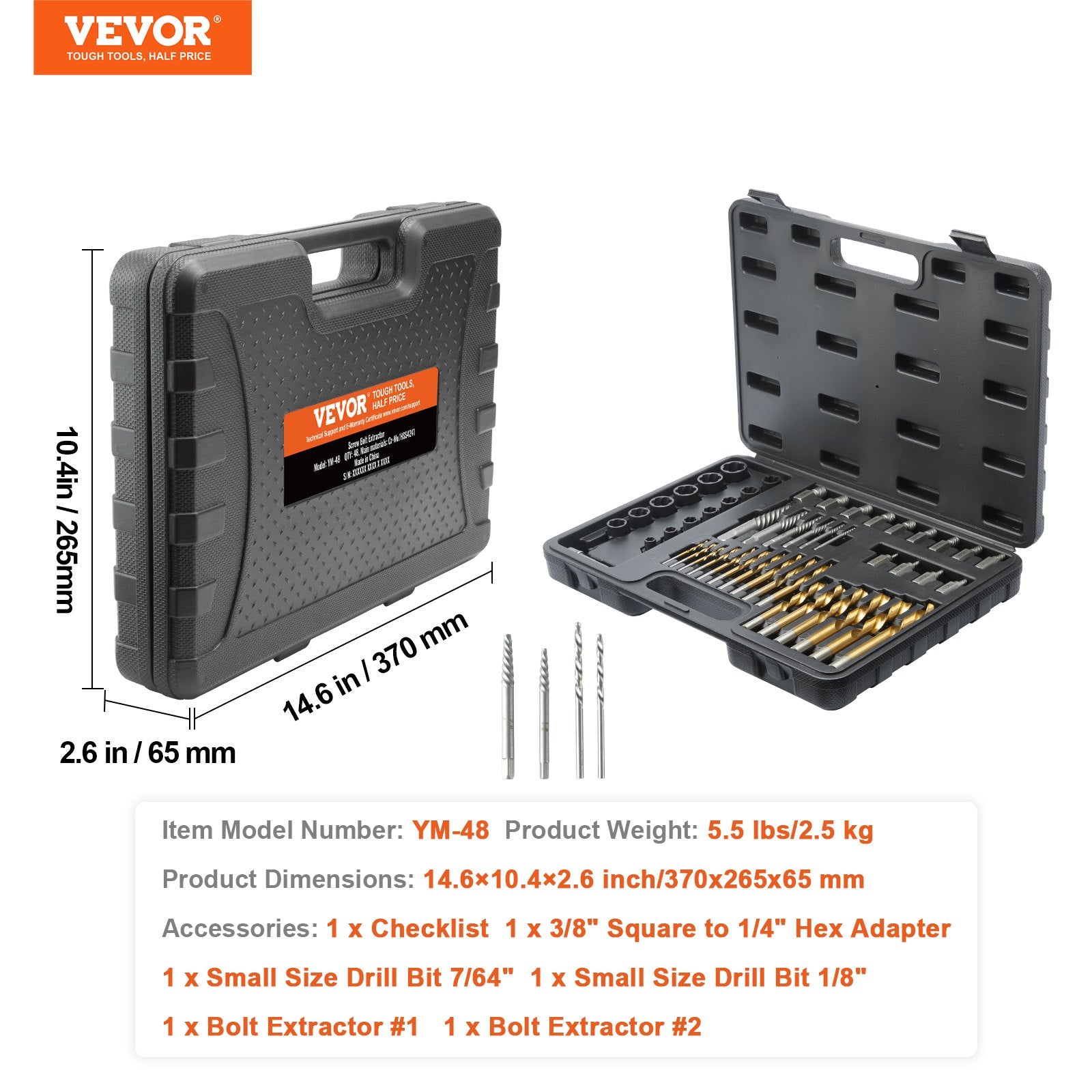 VEVOR 48-Piece Bolt Extractor Screw Extractor Set, with 13 PCS Bolt Extractor Set, 19 PCS Screw Extractors, 16 PCS Reverse HSS Drill Bits, Storage Case, for Removing Damaged Bolts, Screws, and Nuts 