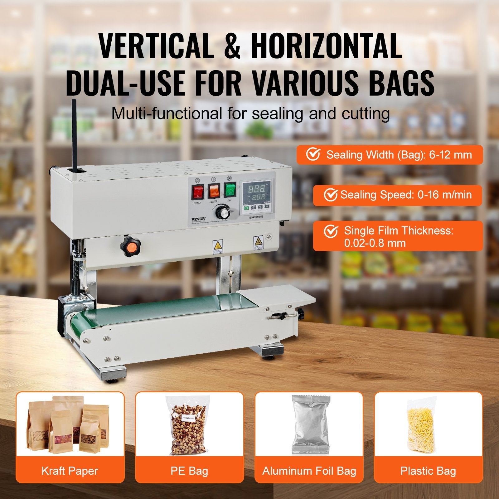VEVOR Continuous Bag Band Sealing Machine Vertical Band Sealer Carbon Steel 
