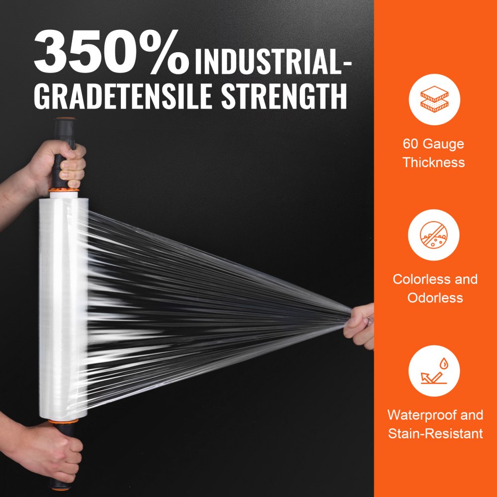 VEVOR Stretch Film, 15 inches x 1000 feet, 1 Pack, 60 Gauge Industrial Strength Clear Durable Stretch Wrap Roll, Heavy Duty Shrink Film Stretch Wrap with Handles for Pallet Wrapping Shipping Moving 