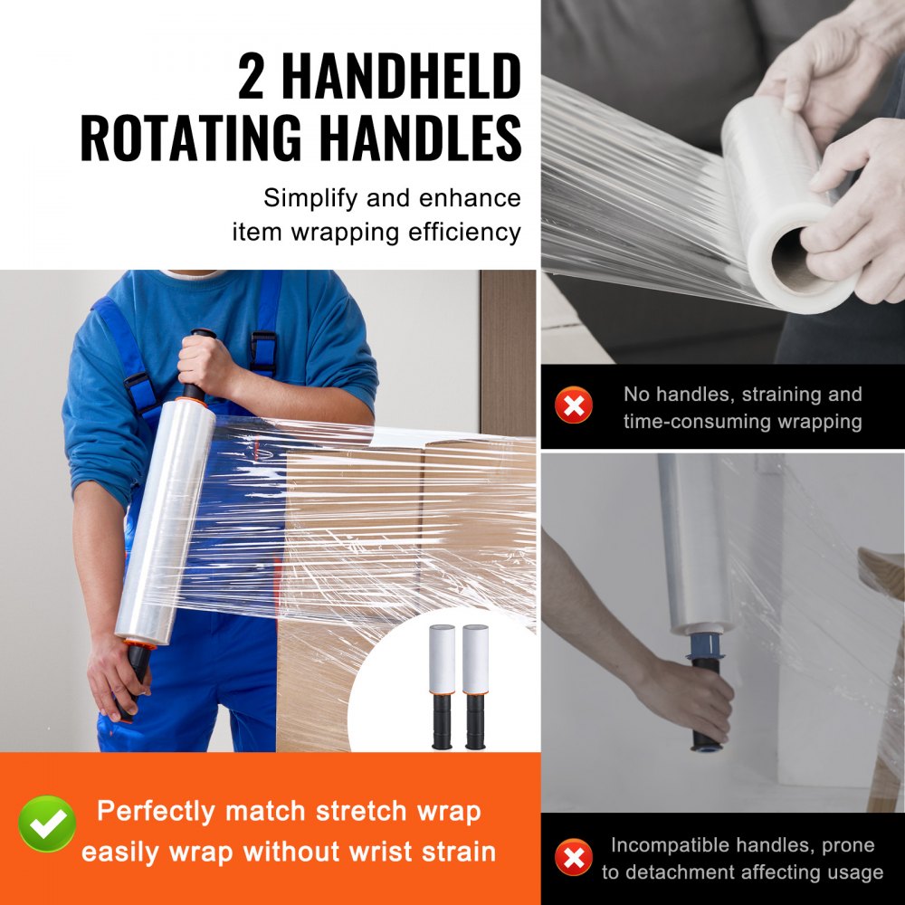 VEVOR Stretch Film, 15 inches x 1000 feet, 1 Pack, 60 Gauge Industrial Strength Clear Durable Stretch Wrap Roll, Heavy Duty Shrink Film Stretch Wrap with Handles for Pallet Wrapping Shipping Moving 