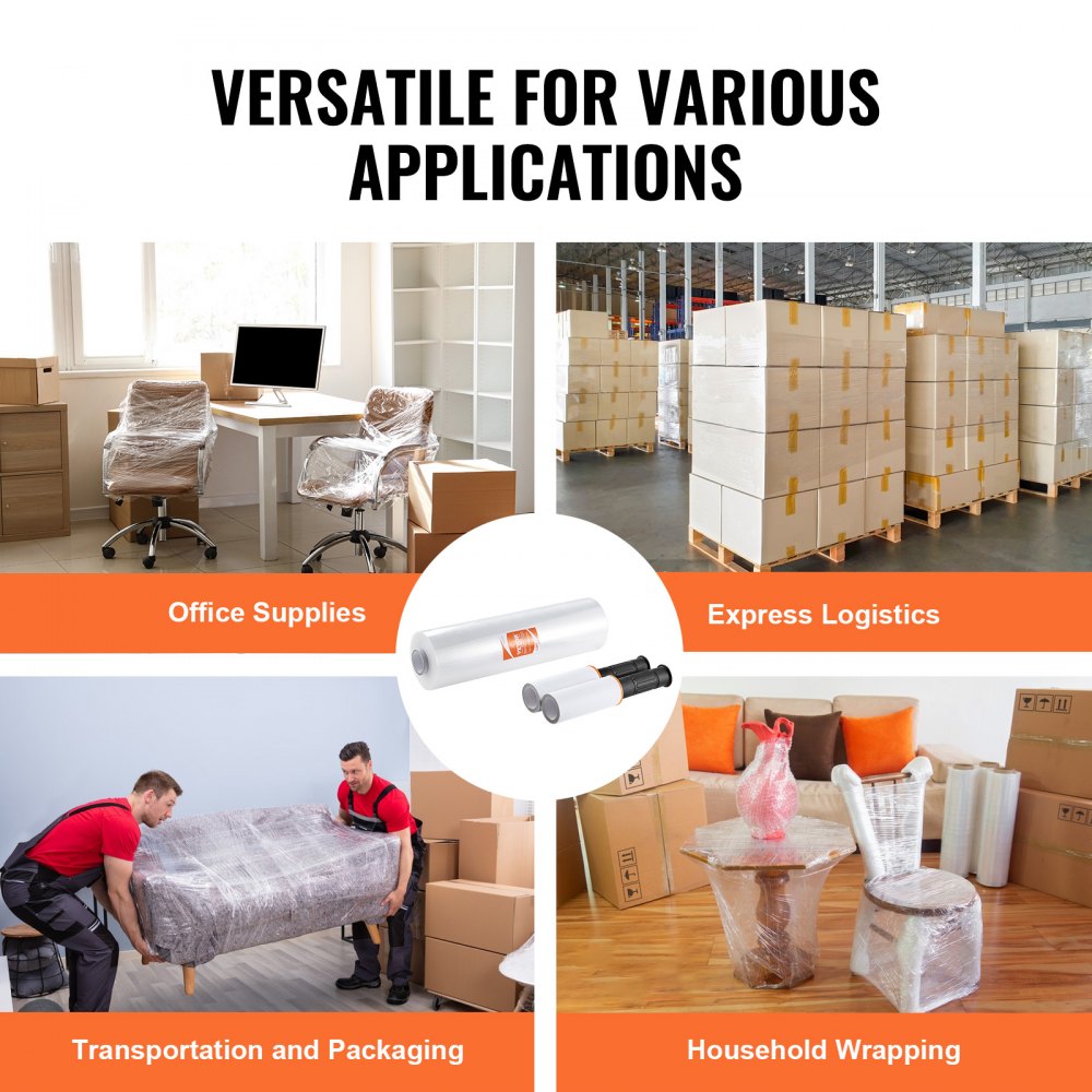 VEVOR Stretch Film, 15 inches x 1000 feet, 1 Pack, 60 Gauge Industrial Strength Clear Durable Stretch Wrap Roll, Heavy Duty Shrink Film Stretch Wrap with Handles for Pallet Wrapping Shipping Moving 