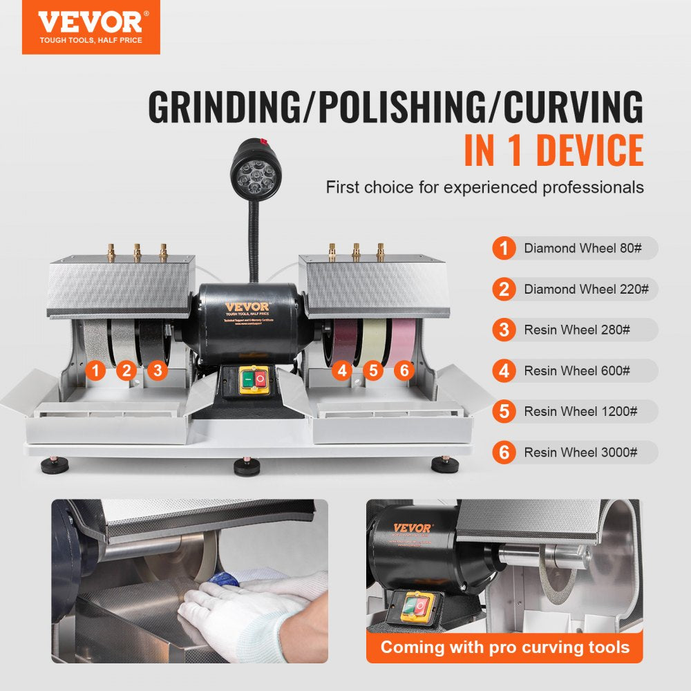 VEVOR Cabbing Machine, 6" 2HP 1800rpm Efficient, Lapidary Rock Grinder Polisher With Lamp & Water Pump, Gem Faceting Machine, Rock Grinding Machine for Gem Jade Stone, Create Cabochons for Necklaces 