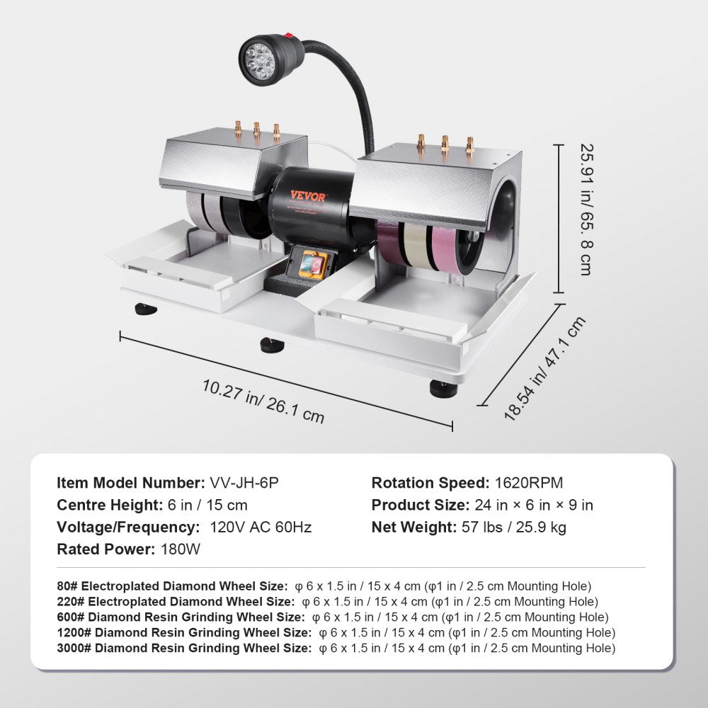 VEVOR Cabbing Machine, 6" 2HP 1800rpm Efficient, Lapidary Rock Grinder Polisher With Lamp & Water Pump, Gem Faceting Machine, Rock Grinding Machine for Gem Jade Stone, Create Cabochons for Necklaces 