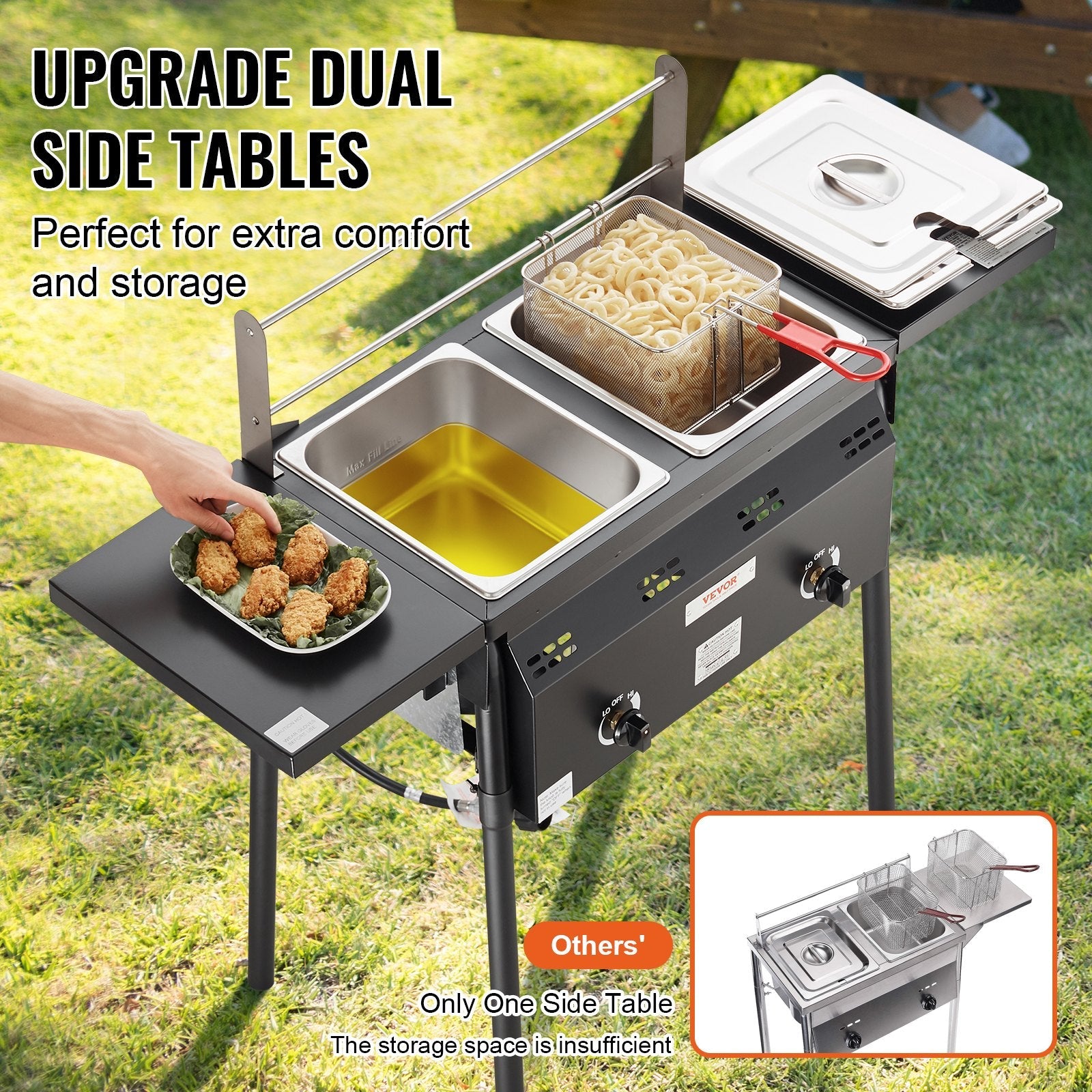 VEVOR Outdoor Propane Deep Fryer, Double Burners Commercial Fryer, 16 Qt Stainless Steel Cooker with Removable Baskets & Lids & Tanks, Oil Fryer Cart with Thermometer & Regulator, For Outdoor Cooking 