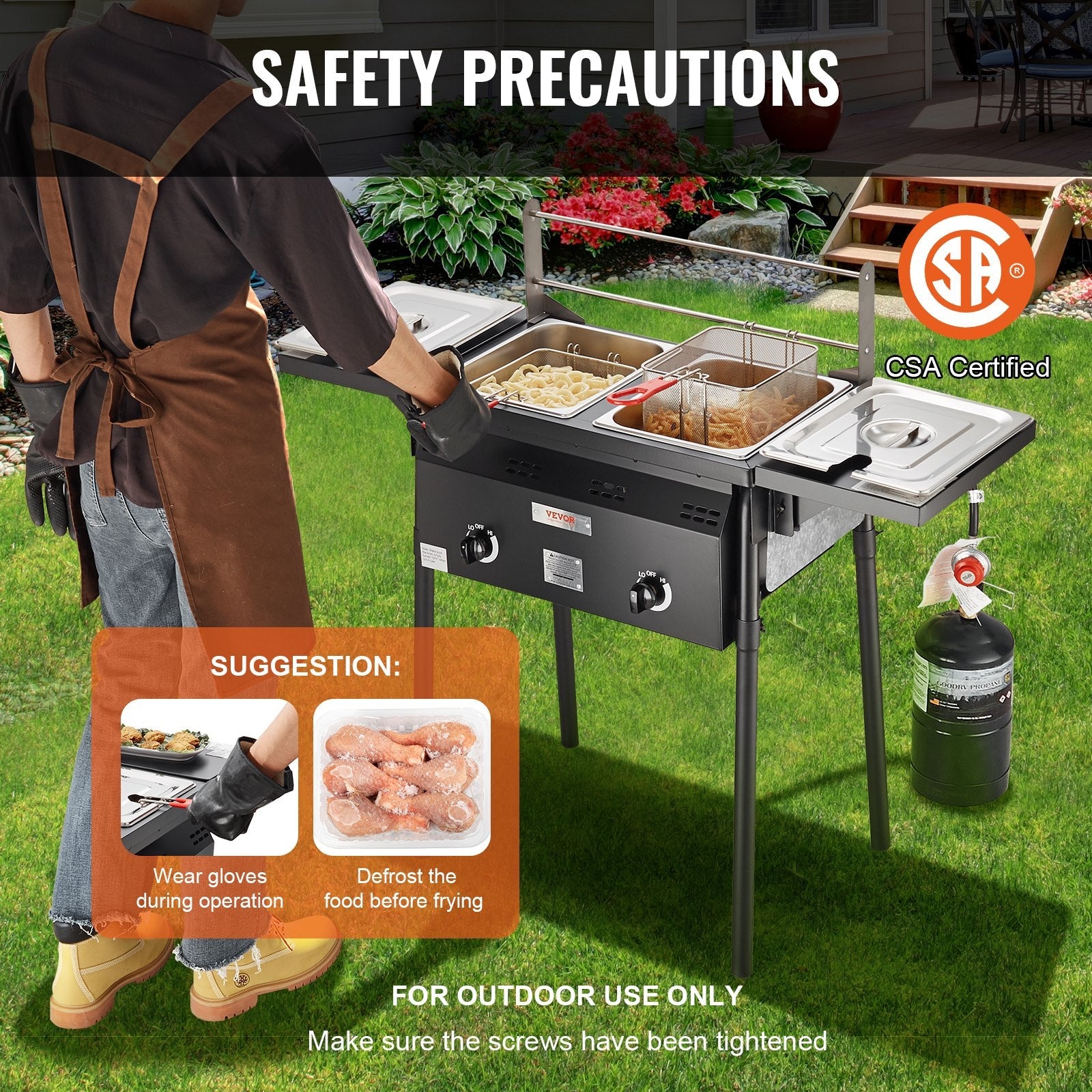 VEVOR Outdoor Propane Deep Fryer, Double Burners Commercial Fryer, 16 Qt Stainless Steel Cooker with Removable Baskets & Lids & Tanks, Oil Fryer Cart with Thermometer & Regulator, For Outdoor Cooking 
