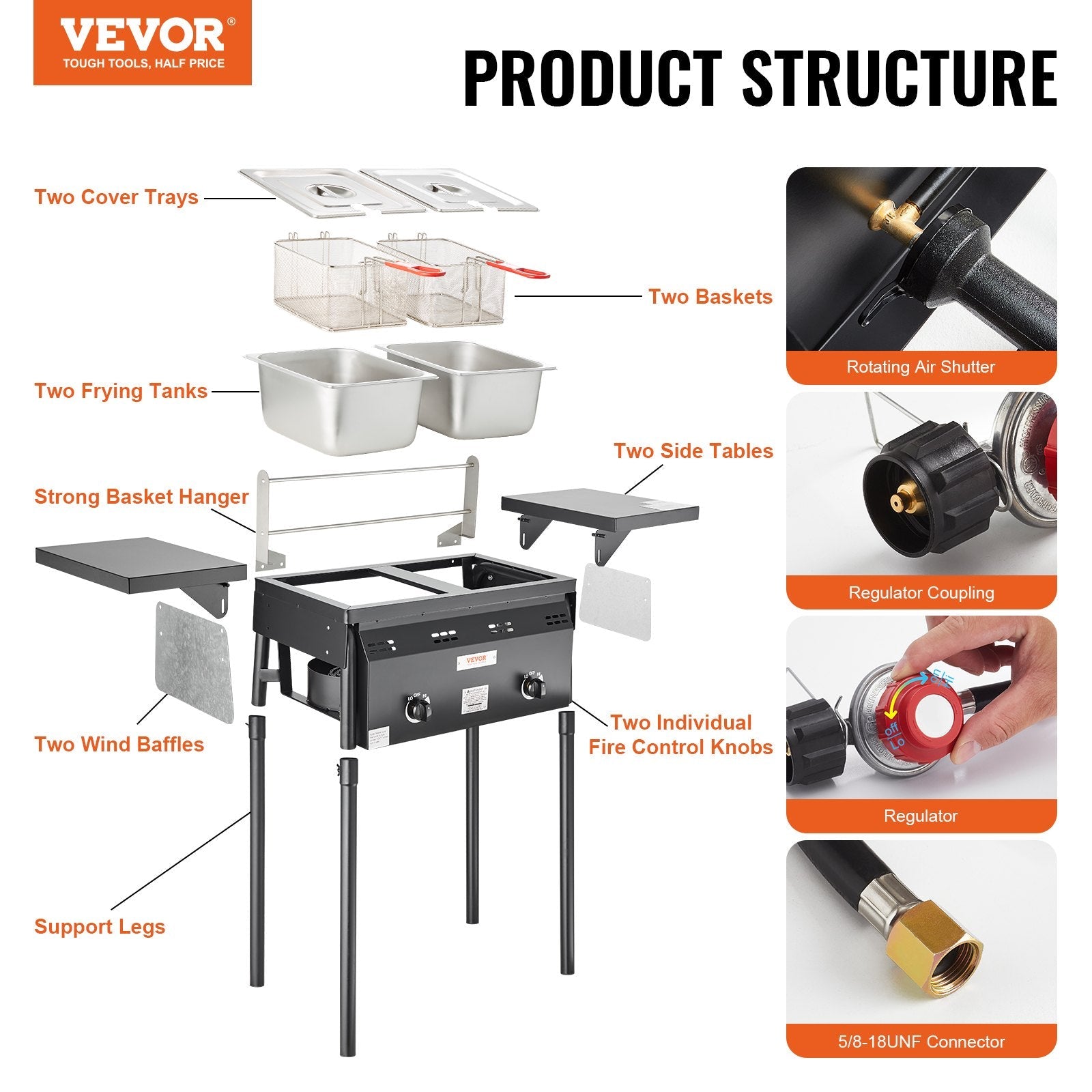VEVOR Outdoor Propane Deep Fryer, Double Burners Commercial Fryer, 16 Qt Stainless Steel Cooker with Removable Baskets & Lids & Tanks, Oil Fryer Cart with Thermometer & Regulator, For Outdoor Cooking 