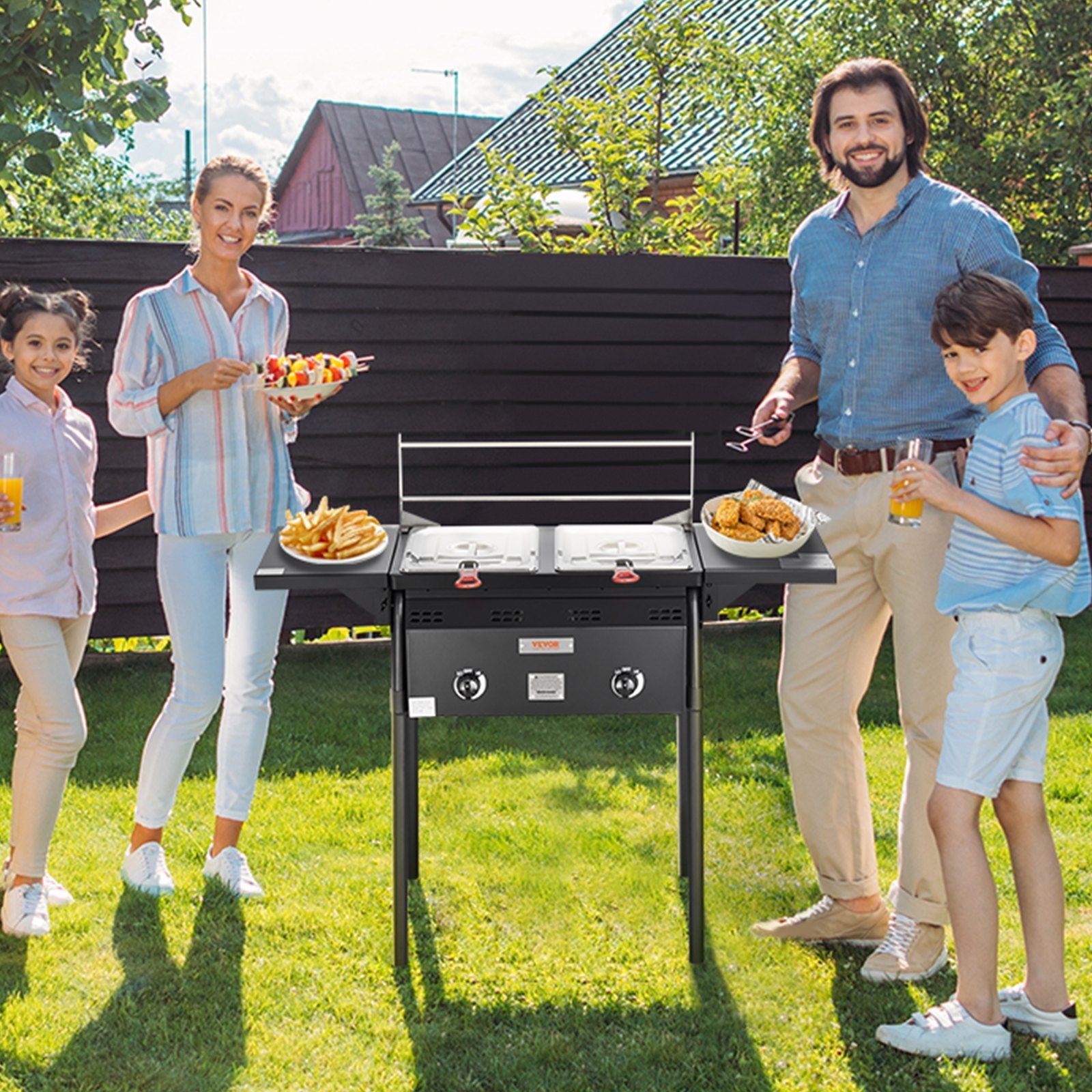 VEVOR Outdoor Propane Deep Fryer, Double Burners Commercial Fryer, 16 Qt Stainless Steel Cooker with Removable Baskets & Lids & Tanks, Oil Fryer Cart with Thermometer & Regulator, For Outdoor Cooking 