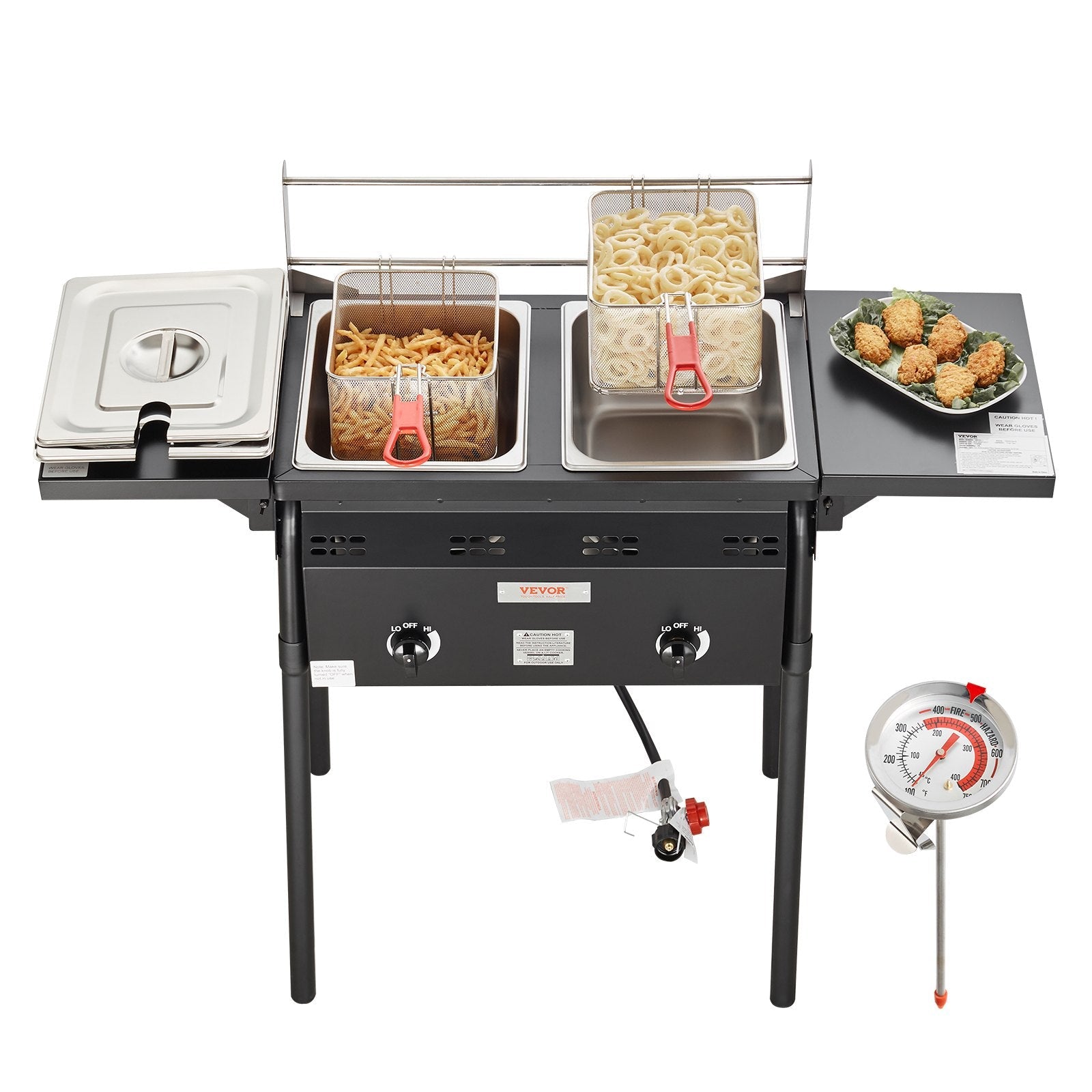 VEVOR Outdoor Propane Deep Fryer, Double Burners Commercial Fryer, 16 Qt Stainless Steel Cooker with Removable Baskets & Lids & Tanks, Oil Fryer Cart with Thermometer & Regulator, For Outdoor Cooking 