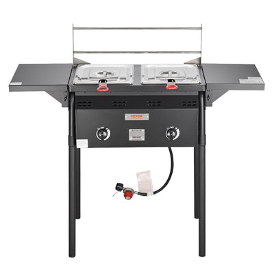 VEVOR Outdoor Propane Deep Fryer, Double Burners Commercial Fryer, 16 Qt Stainless Steel Cooker with Removable Baskets & Lids & Tanks, Oil Fryer Cart with Thermometer & Regulator, For Outdoor Cooking 