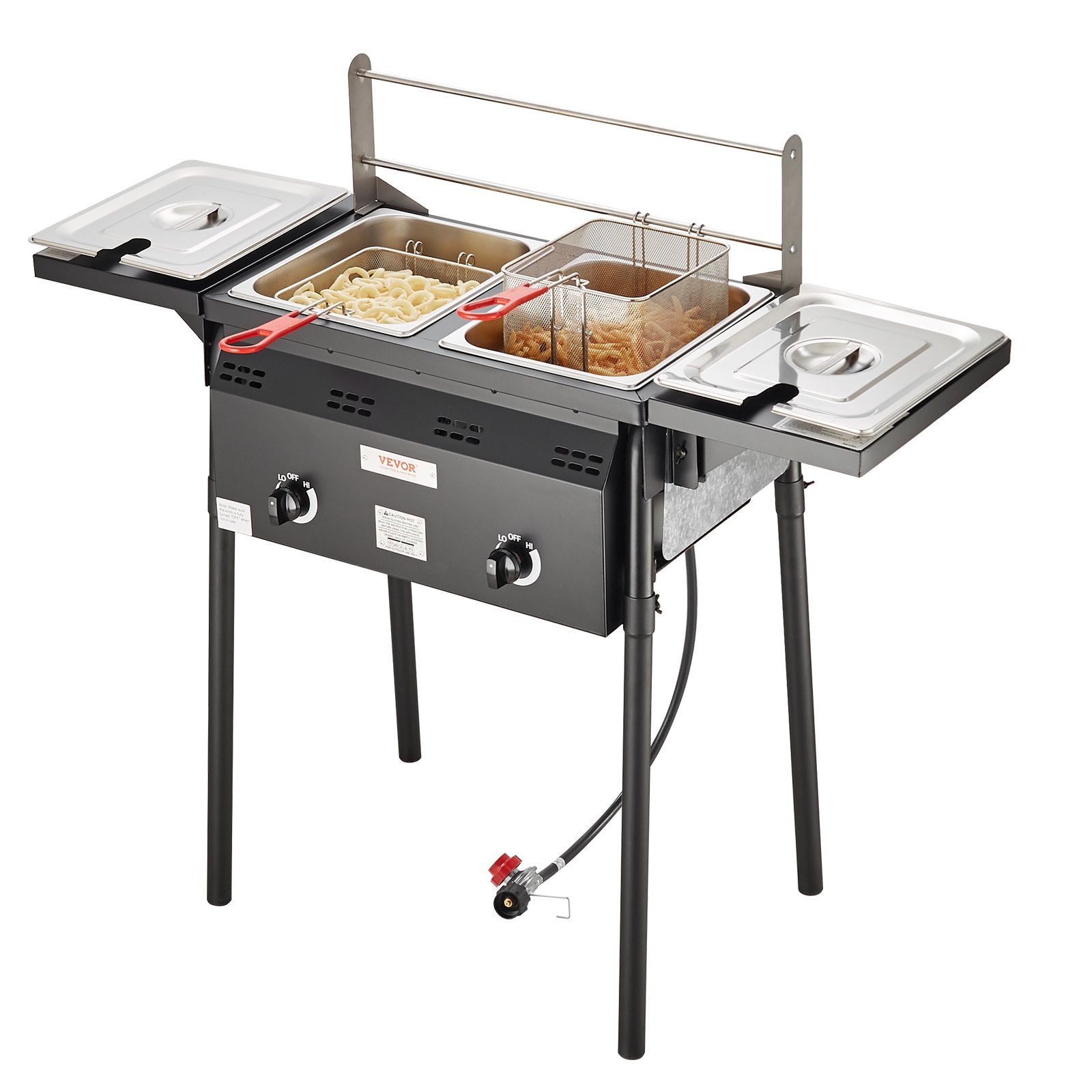 VEVOR Outdoor Propane Deep Fryer, Double Burners Commercial Fryer, 16 Qt Stainless Steel Cooker with Removable Baskets & Lids & Tanks, Oil Fryer Cart with Thermometer & Regulator, For Outdoor Cooking 