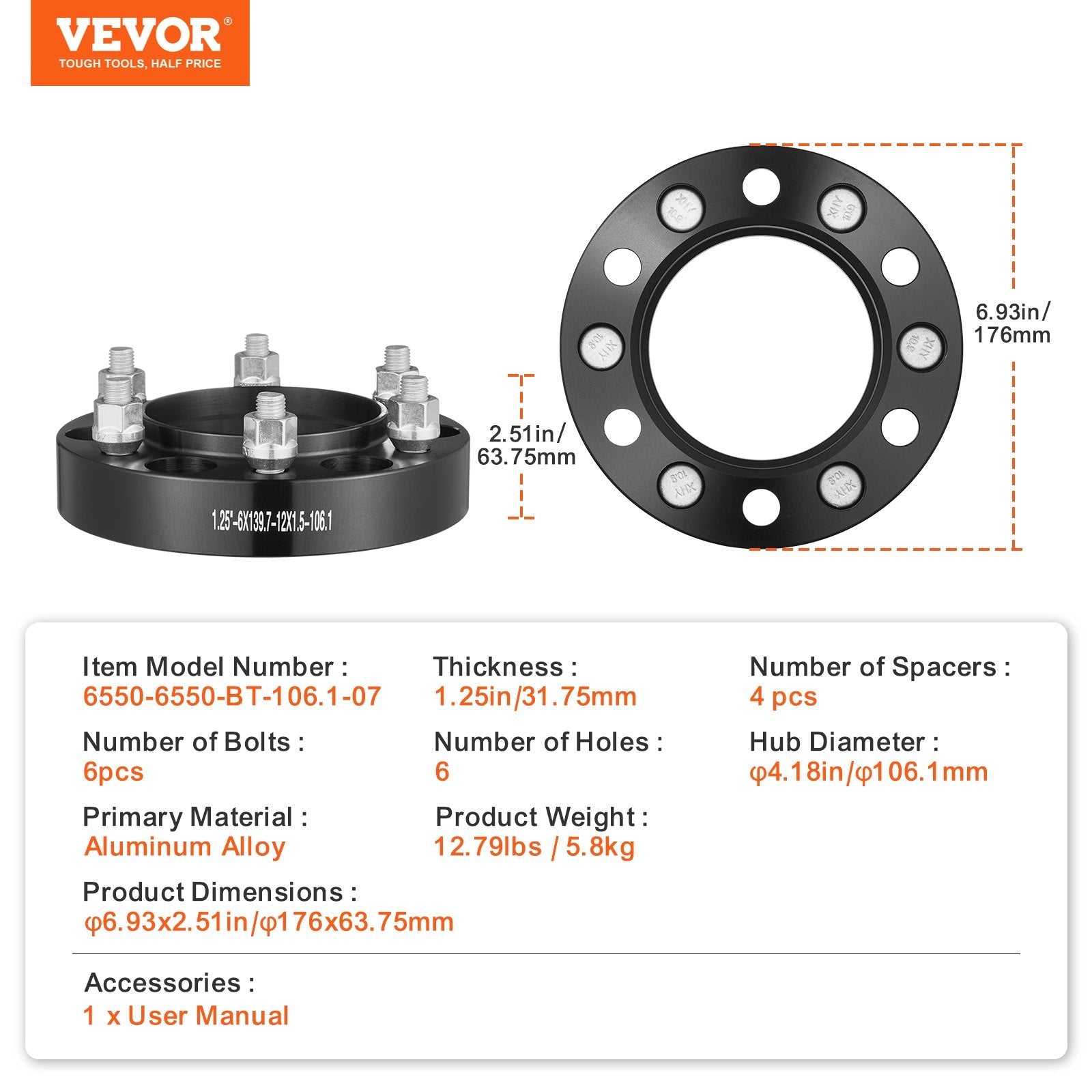 VEVOR 1.25" 6"x5.5" Wheel Spacers Wheel Adapters 6 Lug Forged Spacer 4 PCS Black 