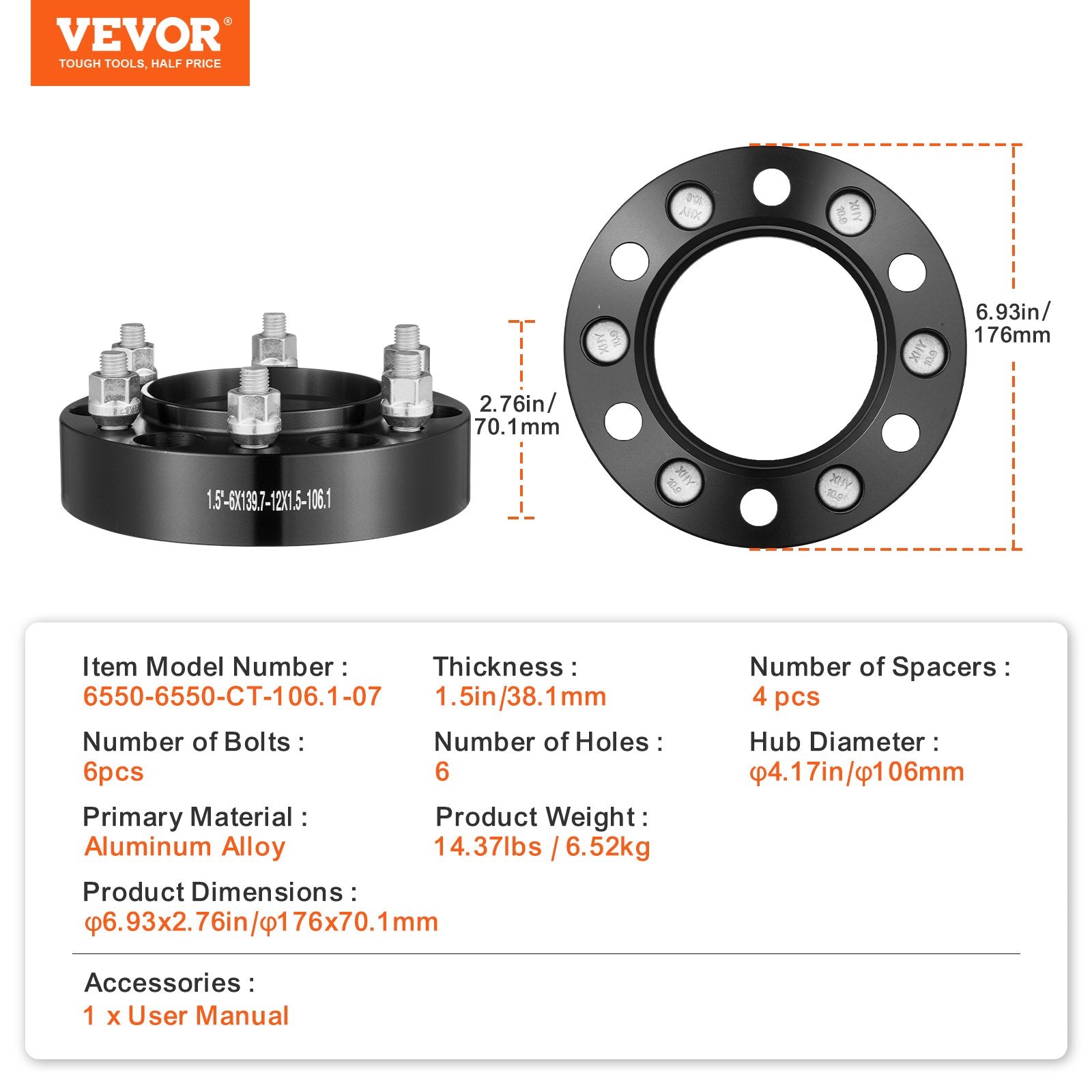 VEVOR 1.5" 6"x5.5" Wheel Spacers Wheel Adapters 6 Lug Forged Spacer 4 PCS Black 