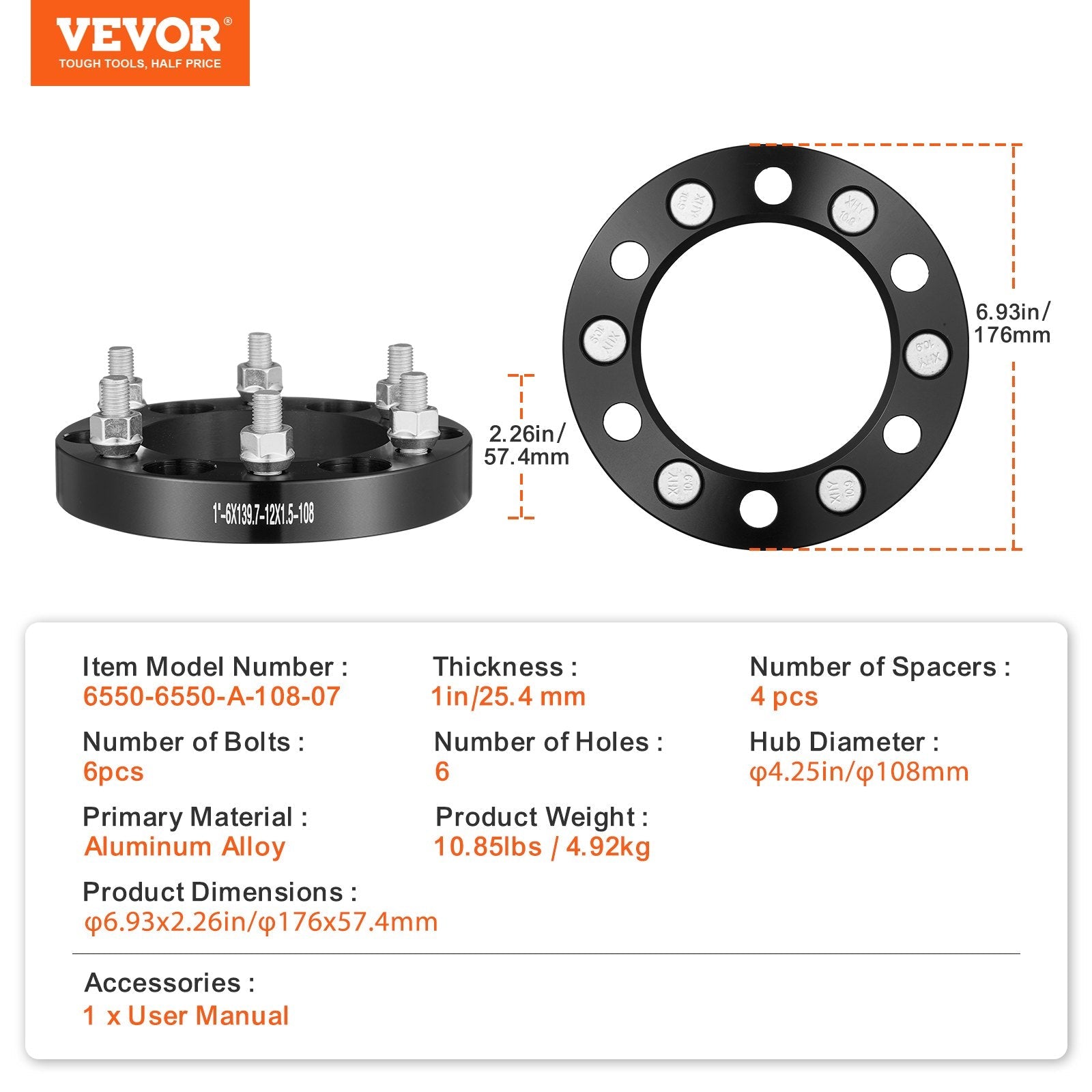 VEVOR 1" 6"x5.5" Wheel Spacers Wheel Adapters 6 Lug Forged Spacer 4 PCS Black 