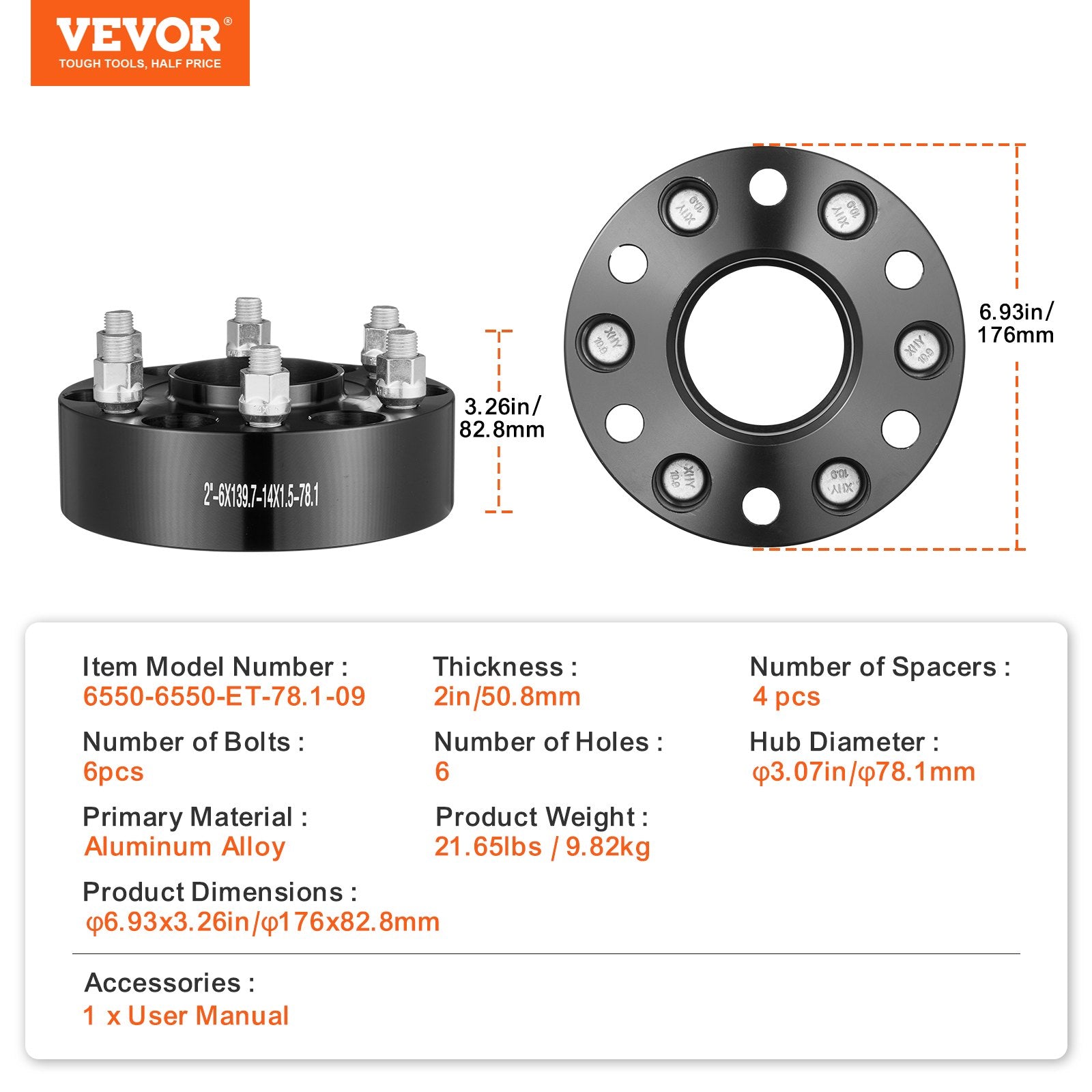 VEVOR 2" 6"x5.5" Wheel Spacers Wheel Adapters 6 Lug Forged Spacer 4 PCS Black 