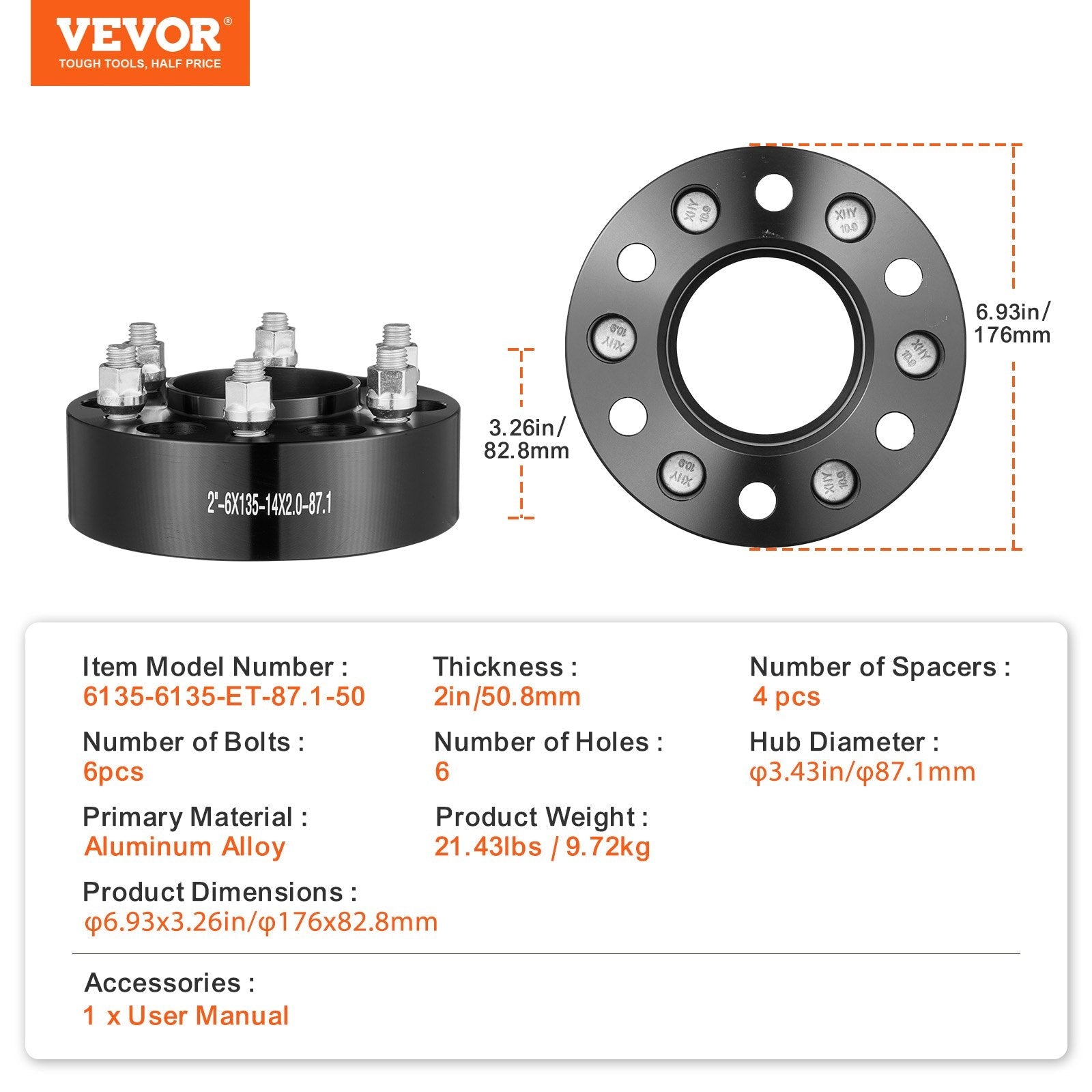 VEVOR 2" 6"x5.3" Wheel Spacers Wheel Adapters 6 Lug Forged Spacer 4 PCS Black 