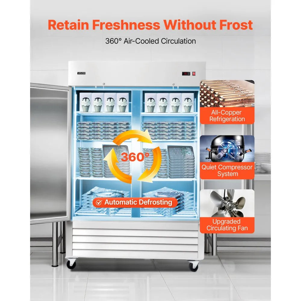 VEVOR Commercial Reach-In Freezer 54" Double Door, 44 Cu. Ft. Stainless Steel Upright Freezer with Auto Defrost, Digital Temperature Control, 8 Adjustable Shelves, ETL Certified