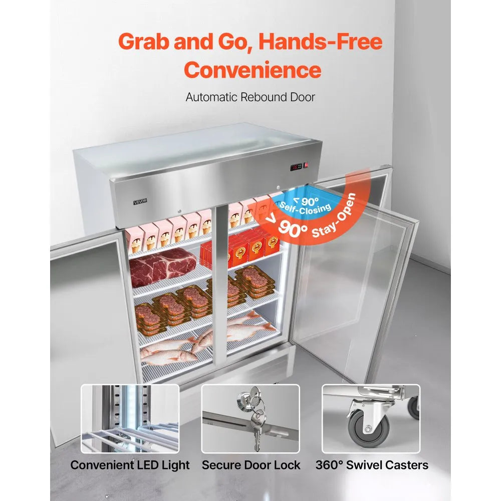 VEVOR Commercial Reach-In Freezer 54" Double Door, 44 Cu. Ft. Stainless Steel Upright Freezer with Auto Defrost, Digital Temperature Control, 8 Adjustable Shelves, ETL Certified