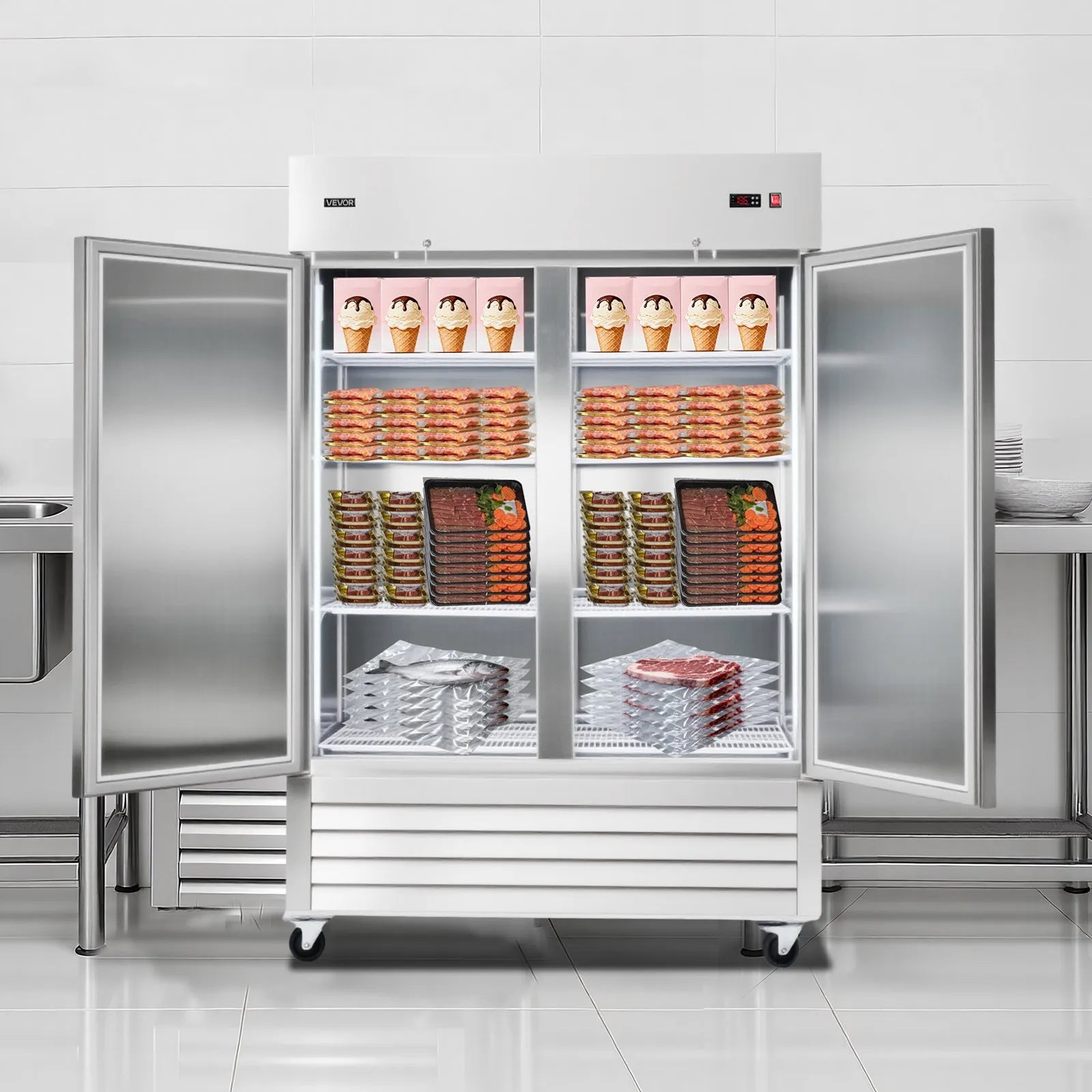 VEVOR Commercial Reach-In Freezer 54" Double Door, 44 Cu. Ft. Stainless Steel Upright Freezer with Auto Defrost, Digital Temperature Control, 8 Adjustable Shelves, ETL Certified