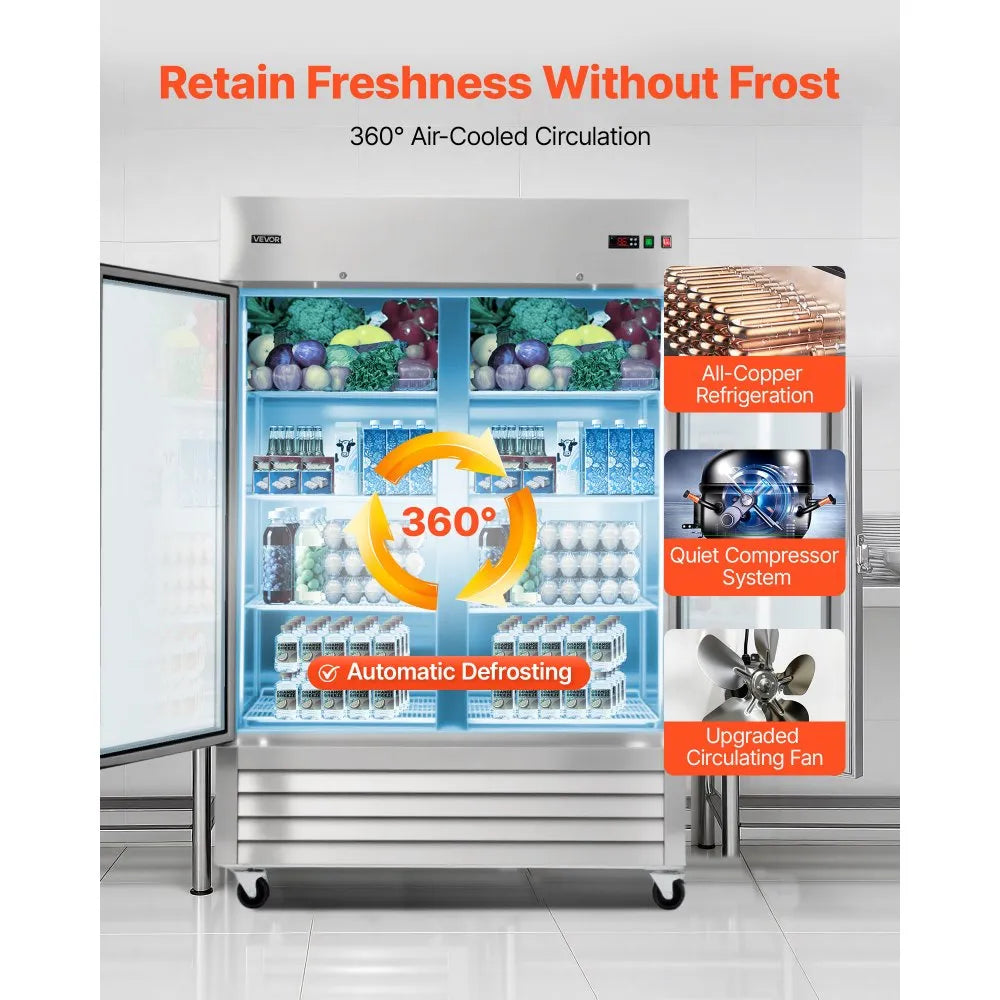 Commercial Reach-In Refrigerator 54" Double Glass Door | 44.5 Cu.Ft Stainless Steel Upright Refrigerator | ETL Certified