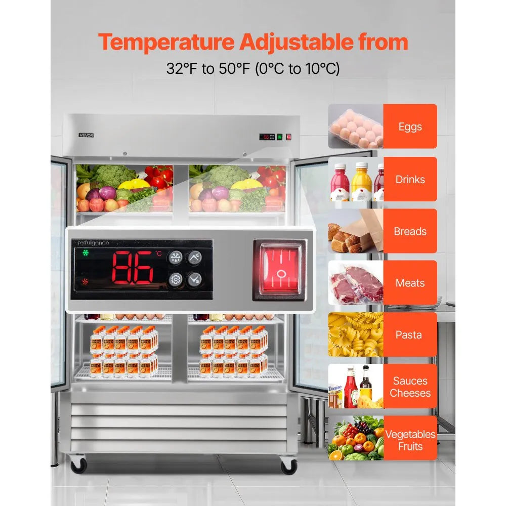 Commercial Reach-In Refrigerator 54" Double Glass Door | 44.5 Cu.Ft Stainless Steel Upright Refrigerator | ETL Certified