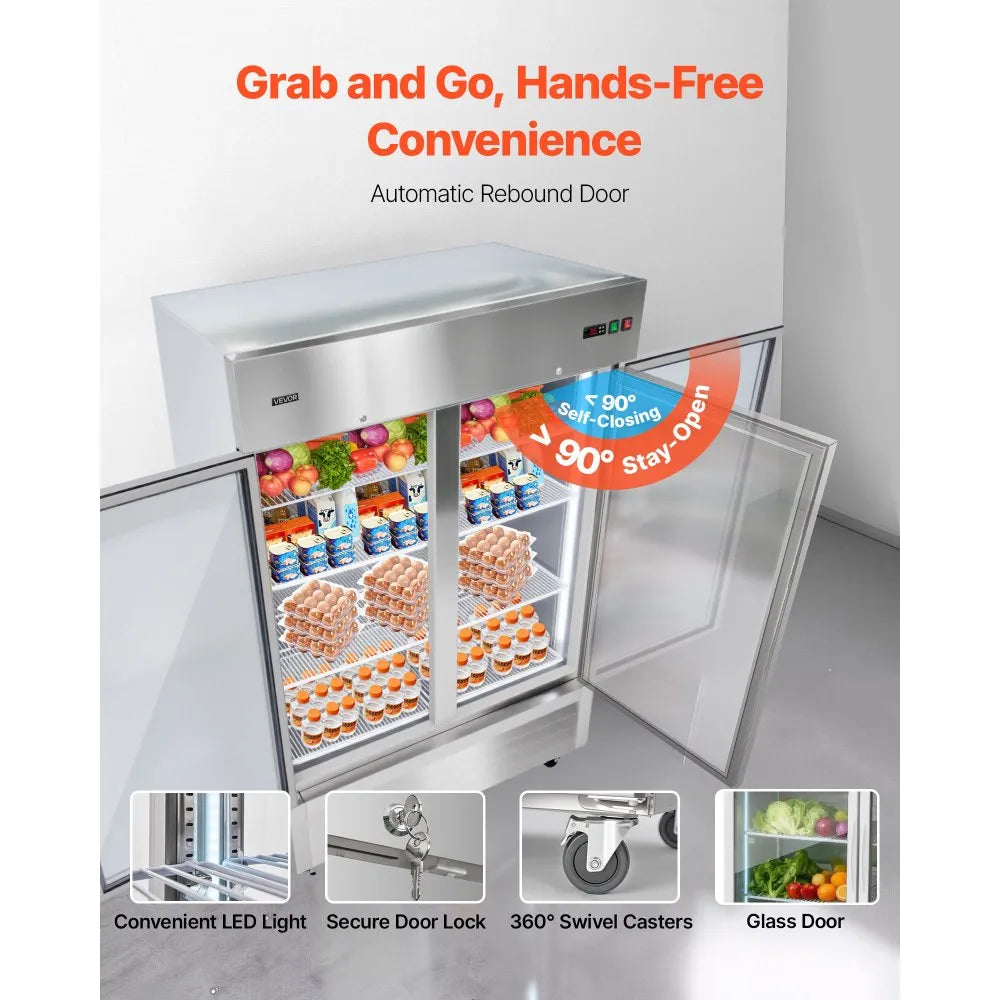Commercial Reach-In Refrigerator 54" Double Glass Door | 44.5 Cu.Ft Stainless Steel Upright Refrigerator | ETL Certified