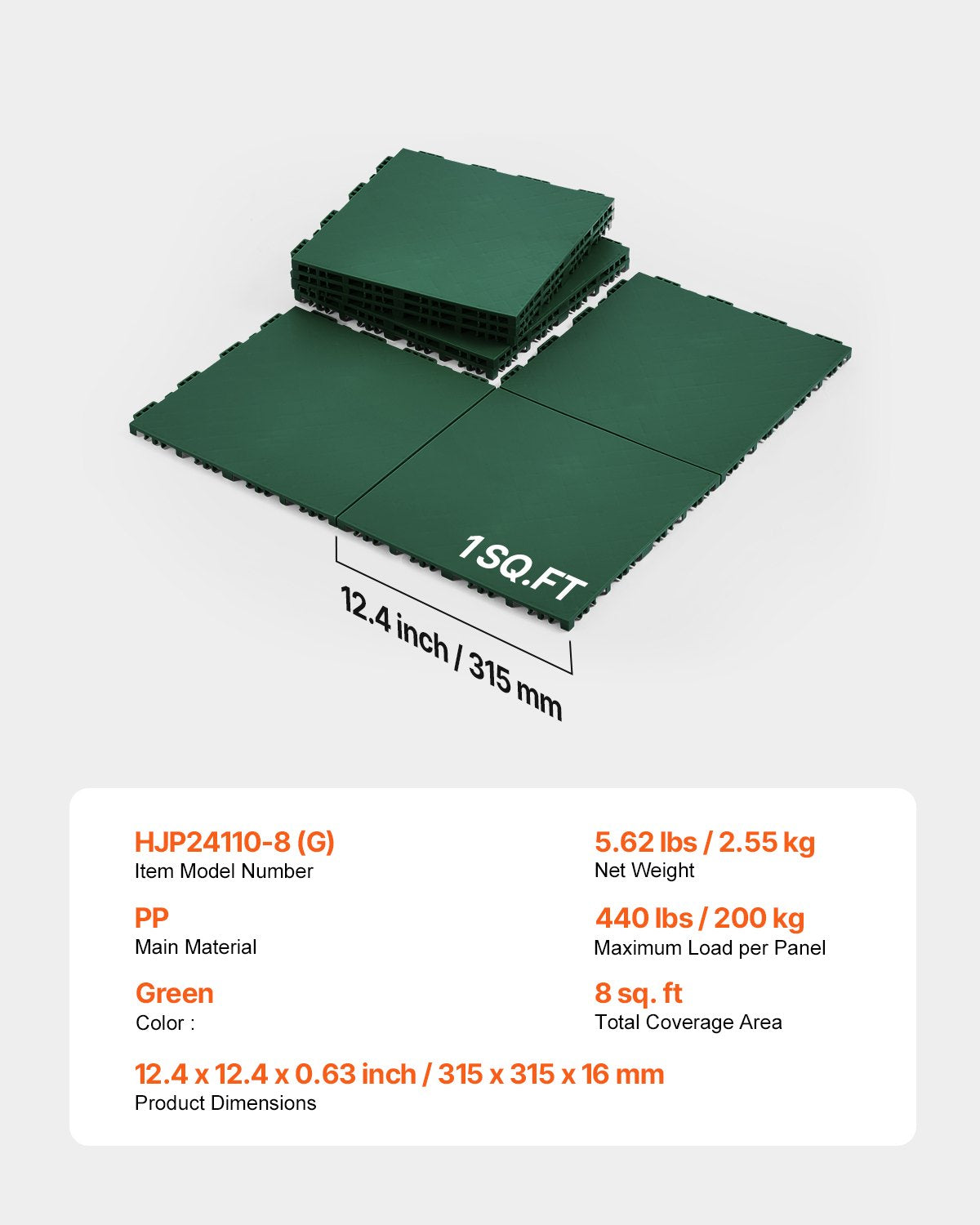 Gym Flooring Set 8 PCS Interlocking PP Puzzle Rubber Tiles Green 