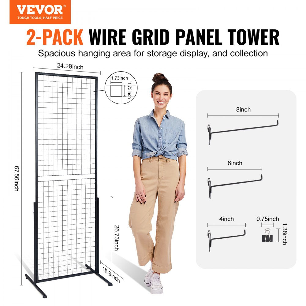 VEVOR 2' x 5.6' Grid Wall Panels Tower, 2 Packs Wire Gridwall Display Racks with T-Base Floorstanding, Double Side Gridwall Panels for Art Craft Shows, Retail Display with Extra Clips and Hooks 