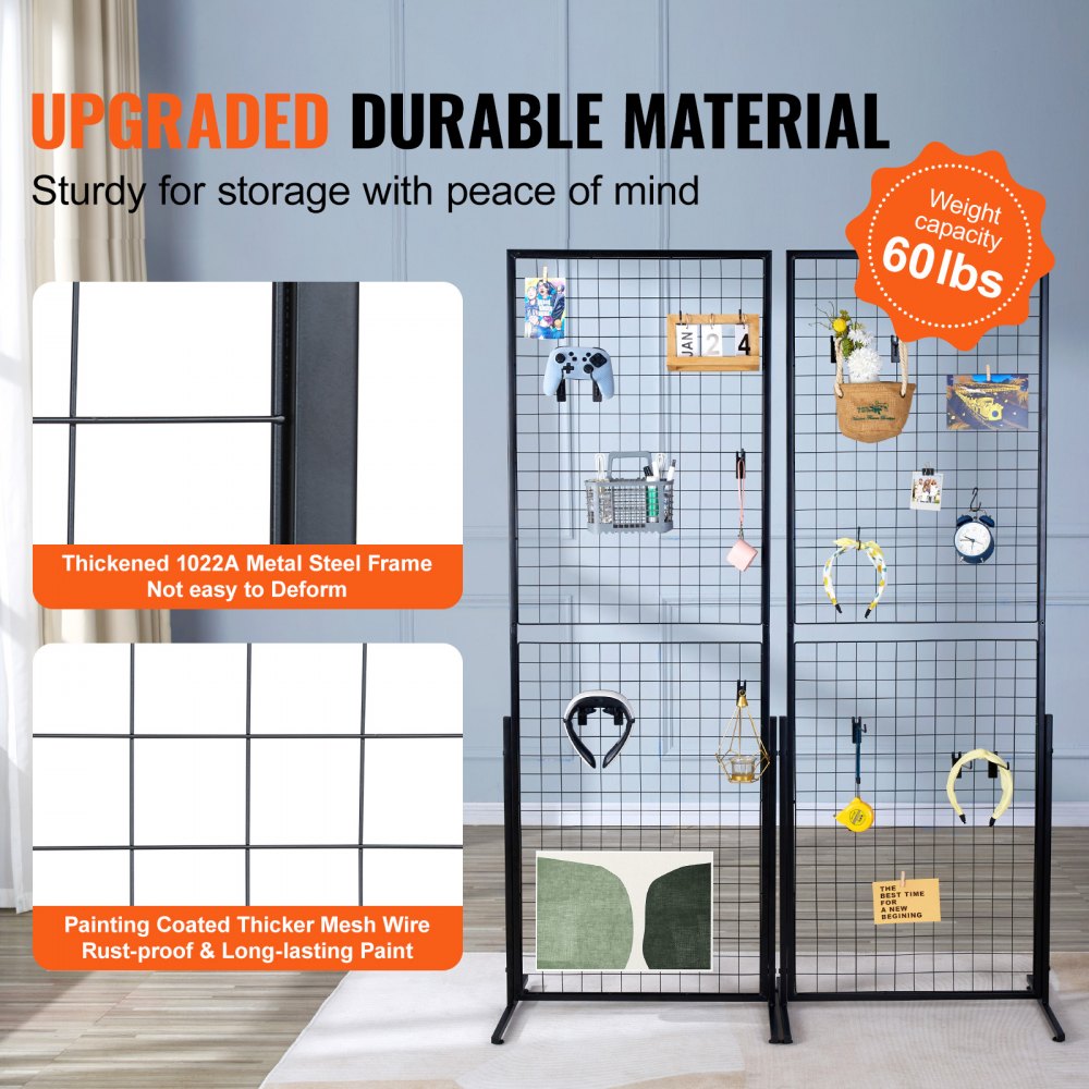 VEVOR 2' x 5.6' Grid Wall Panels Tower, 2 Packs Wire Gridwall Display Racks with T-Base Floorstanding, Double Side Gridwall Panels for Art Craft Shows, Retail Display with Extra Clips and Hooks 