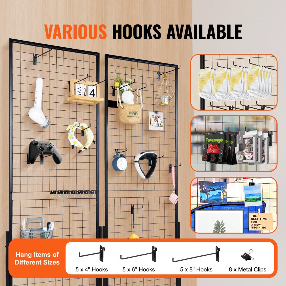 VEVOR 2' x 5.6' Grid Wall Panels Tower, 2 Packs Wire Gridwall Display Racks with T-Base Floorstanding, Double Side Gridwall Panels for Art Craft Shows, Retail Display with Extra Clips and Hooks 