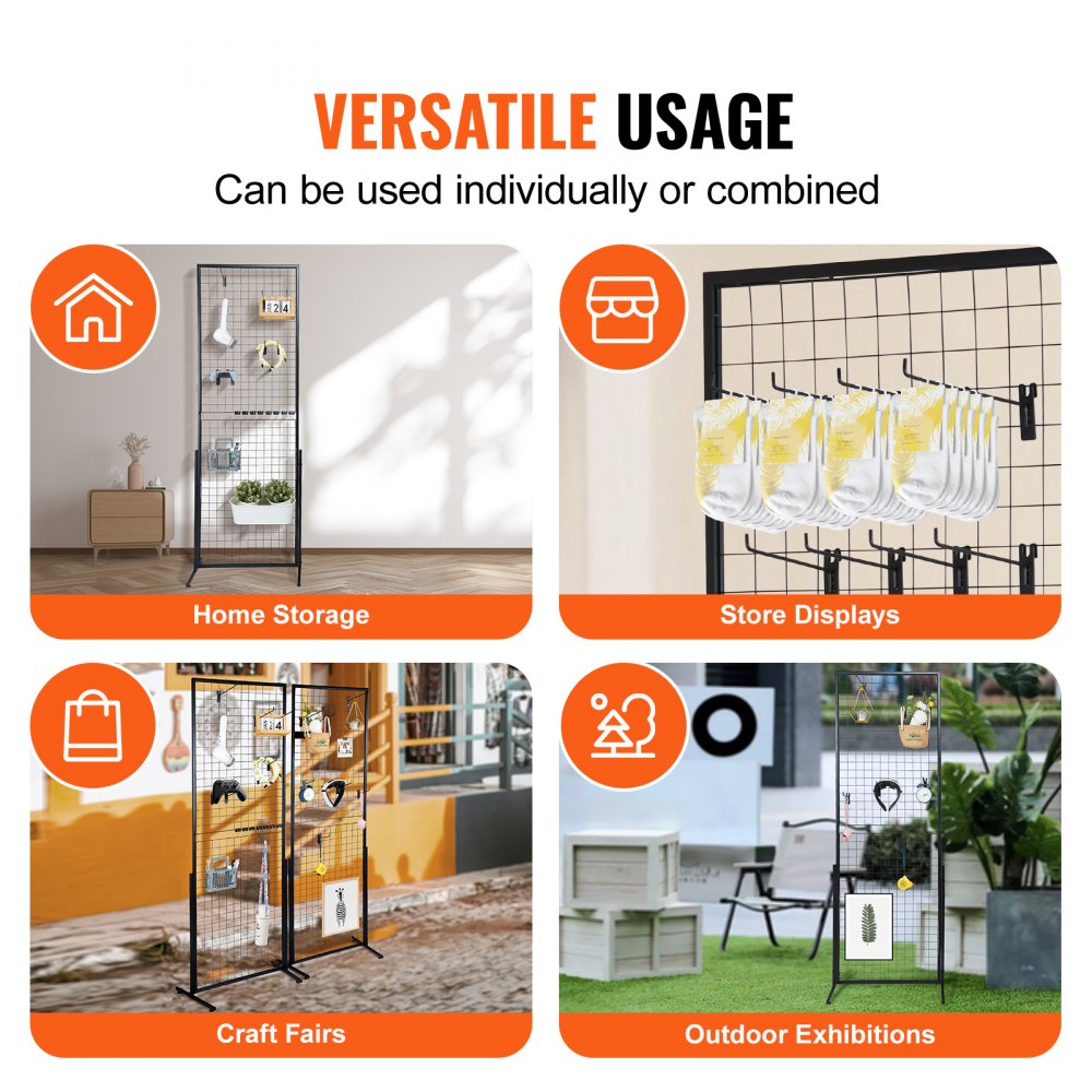 VEVOR 2' x 5.6' Grid Wall Panels Tower, 2 Packs Wire Gridwall Display Racks with T-Base Floorstanding, Double Side Gridwall Panels for Art Craft Shows, Retail Display with Extra Clips and Hooks 