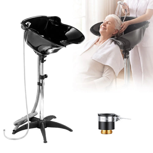 Portable Shampoo Bowl with 270° Rotating Basin, Adjustable Height, Showerhead & Drain Hose – Black