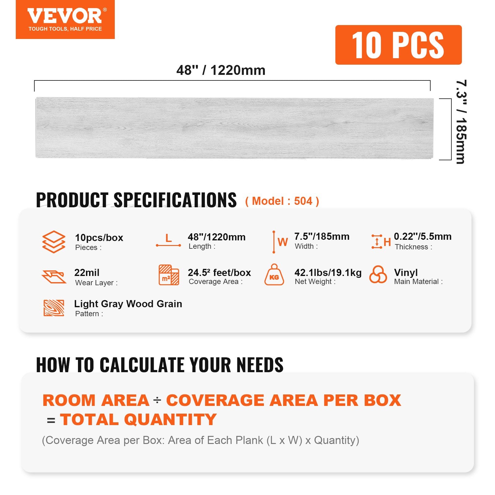 VEVOR Interlocking Vinyl Floor Tiles 48 x 7.3 inch, 10 Tiles 5.5mm Thick Snap Together, Light Gray Wood Grain DIY Flooring for Kitchen, Dining Room, Bedrooms & Bathrooms, Easy for Home Decor 