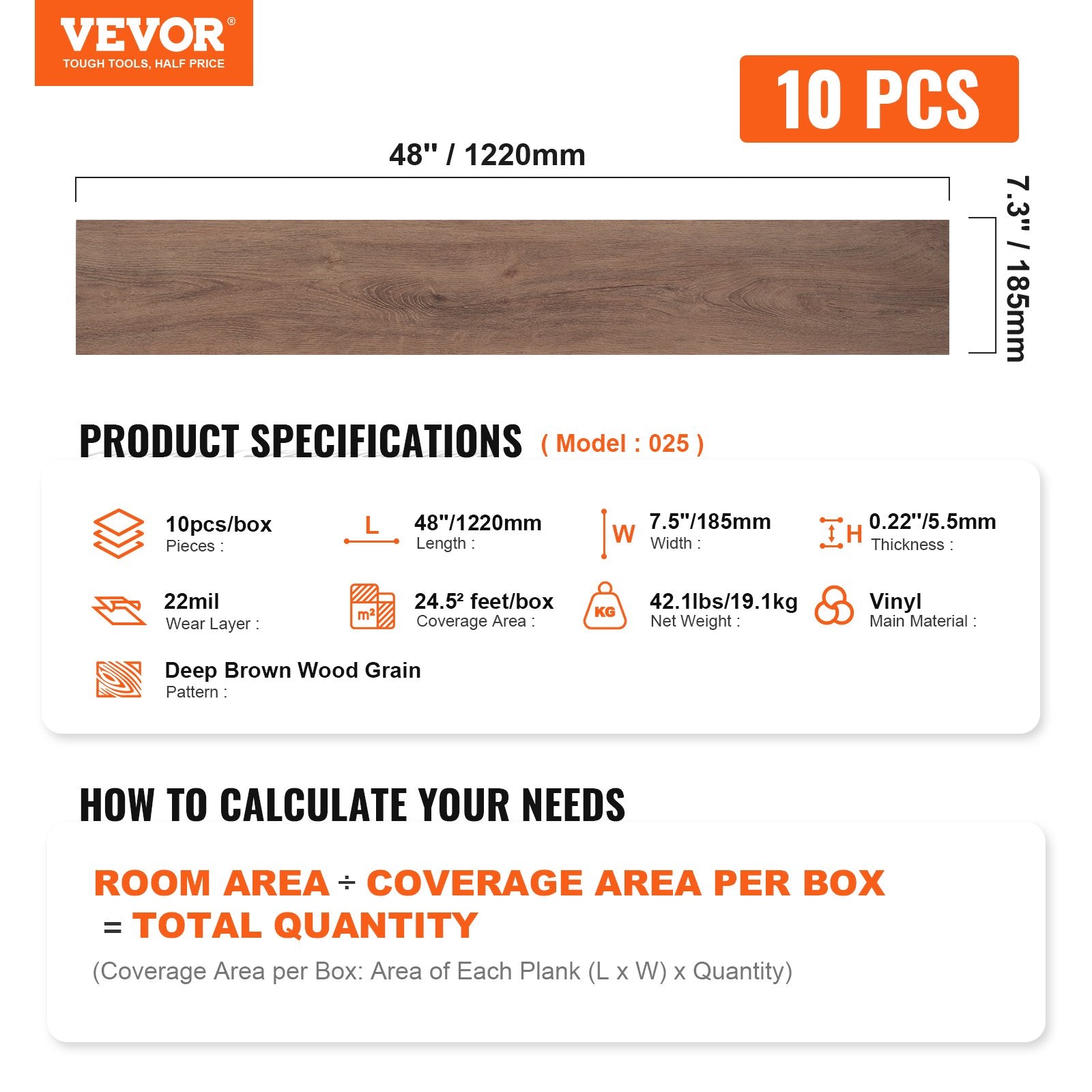 VEVOR Interlocking Vinyl Floor Tiles 10PCS 5.5mm Thick Deep Brown Wood Grain 