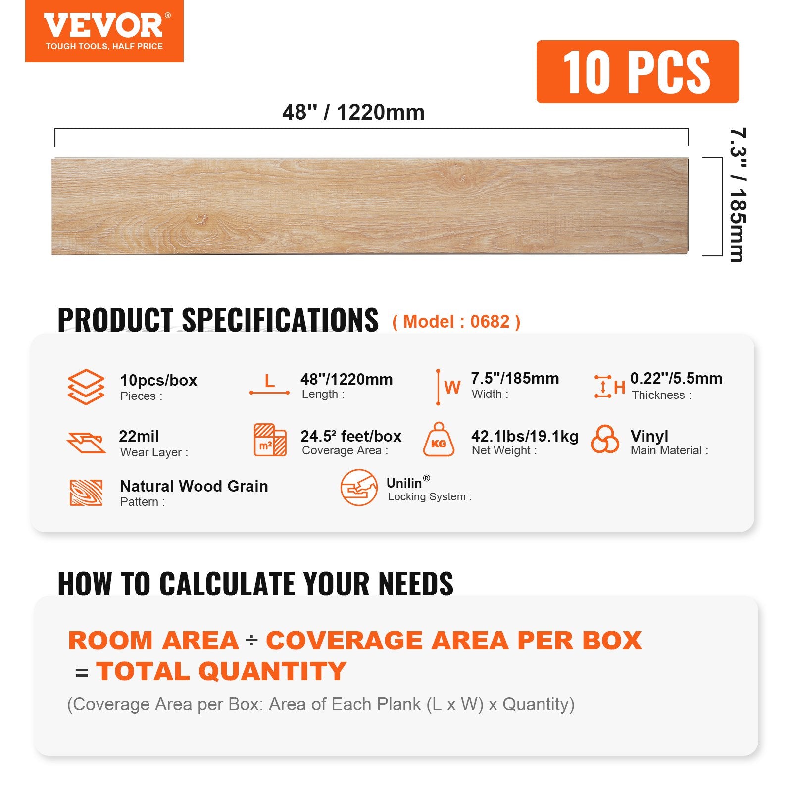 VEVOR Interlocking Vinyl Floor Tiles 48 x 7.3 inch, 10 Tiles 5.5mm Thick Snap Together, Natural Wood Grain DIY Flooring for Kitchen, Dining Room, Bedrooms & Bathrooms, Easy for Home Decor 