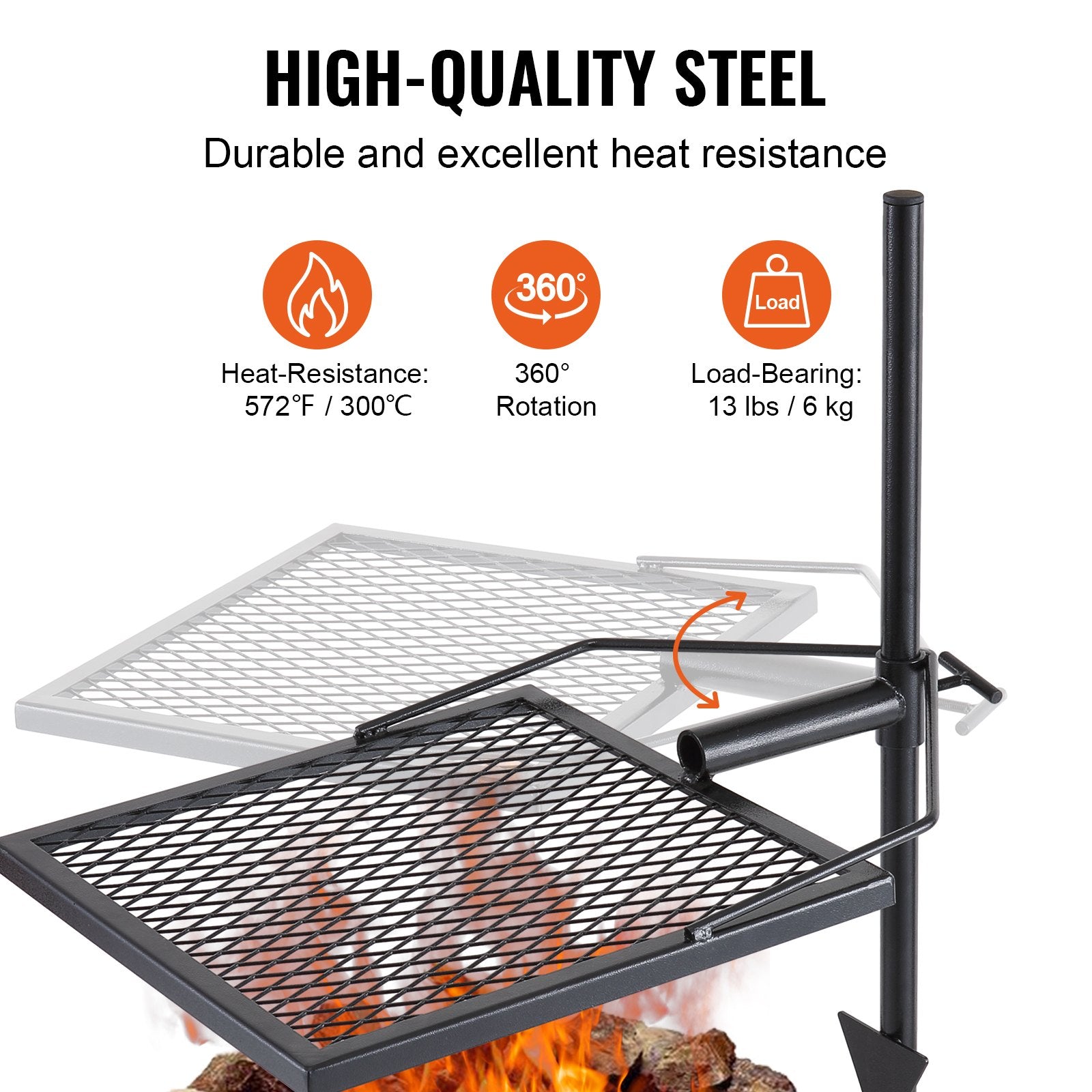 VEVOR Swivel Campfire Grill, Fire Pit Grill Grate over Fire Pits, Heavy Duty Steel Grill Grates, 360° Adjustable Open Fire Outdoor Cooking Equipment, Portable Camp Fire Racks for Camping Outdoor BBQ 