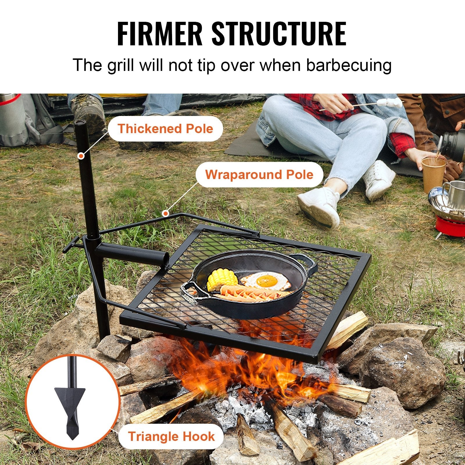 VEVOR Swivel Campfire Grill, Fire Pit Grill Grate over Fire Pits, Heavy Duty Steel Grill Grates, 360° Adjustable Open Fire Outdoor Cooking Equipment, Portable Camp Fire Racks for Camping Outdoor BBQ 