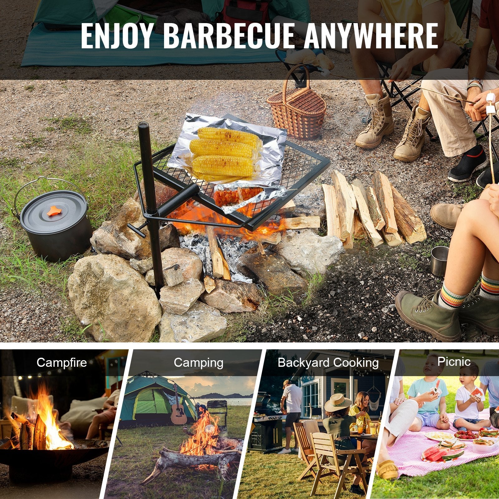 VEVOR Swivel Campfire Grill, Fire Pit Grill Grate over Fire Pits, Heavy Duty Steel Grill Grates, 360° Adjustable Open Fire Outdoor Cooking Equipment, Portable Camp Fire Racks for Camping Outdoor BBQ 