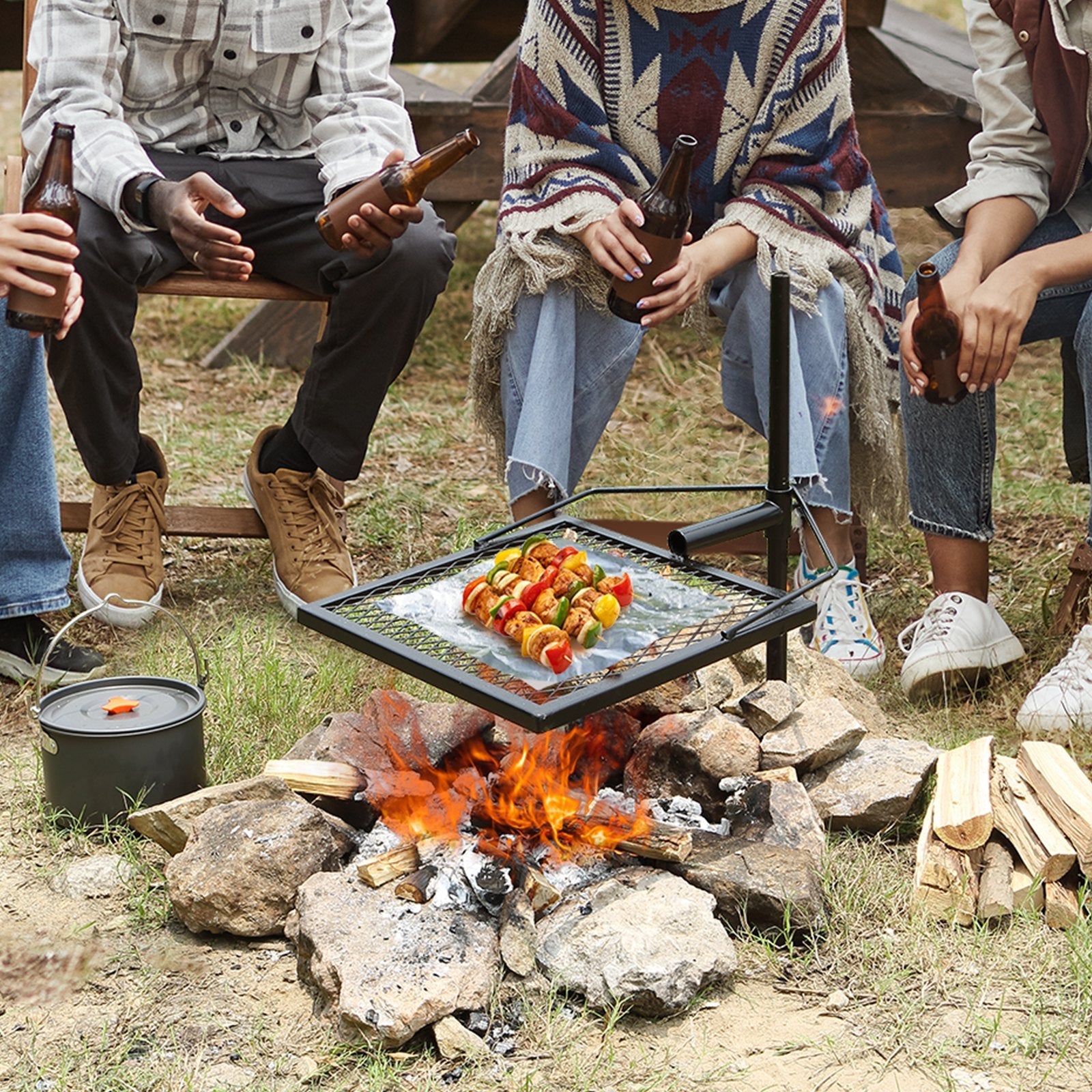 VEVOR Swivel Campfire Grill, Fire Pit Grill Grate over Fire Pits, Heavy Duty Steel Grill Grates, 360° Adjustable Open Fire Outdoor Cooking Equipment, Portable Camp Fire Racks for Camping Outdoor BBQ 