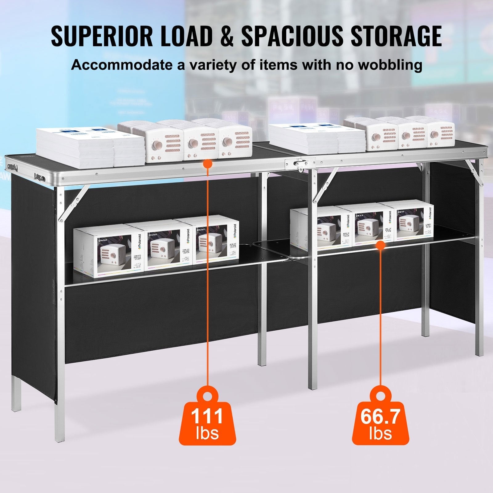 VEVOR Portable Tradeshow Podium Table, 77.95" x 15.16" x 34.65", Display Exhibition Counter Stand Booth Fair with Wall, Foldable Promotion Retail Bar Table Podium with Storage Rack and Carrying Bag 